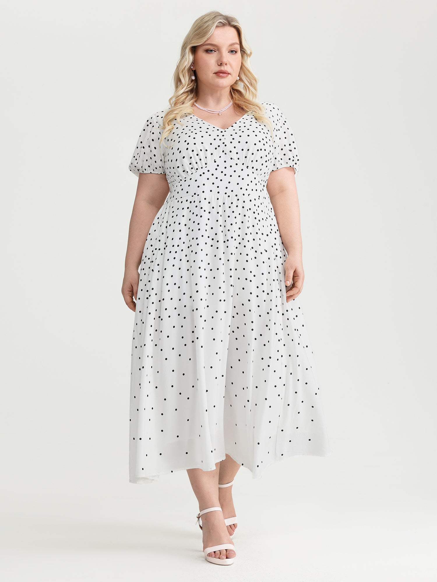 Polka Dot Charm Cinched-Waist Shirred Midi Dress