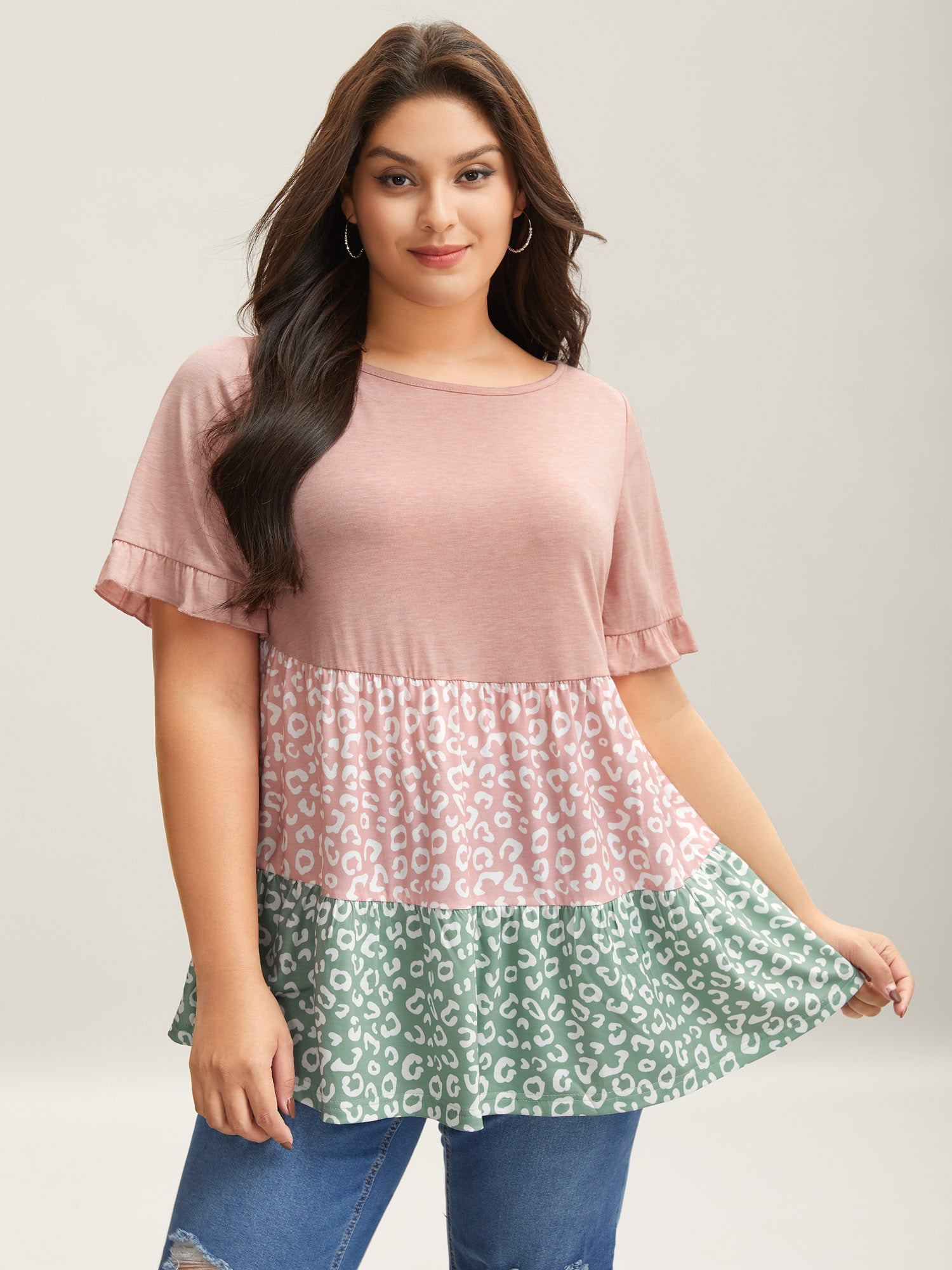 Spliced Printed Tiered Ruffled Sleeve T-Shirt