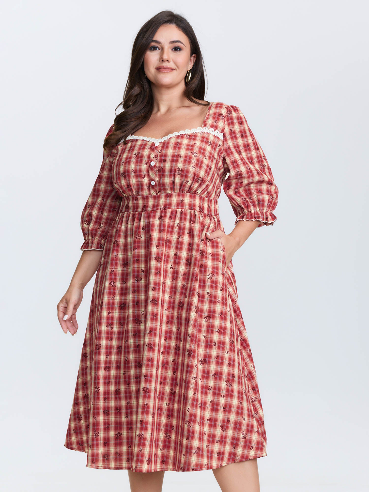 Plaid Floral Color Contrast Midi Dress