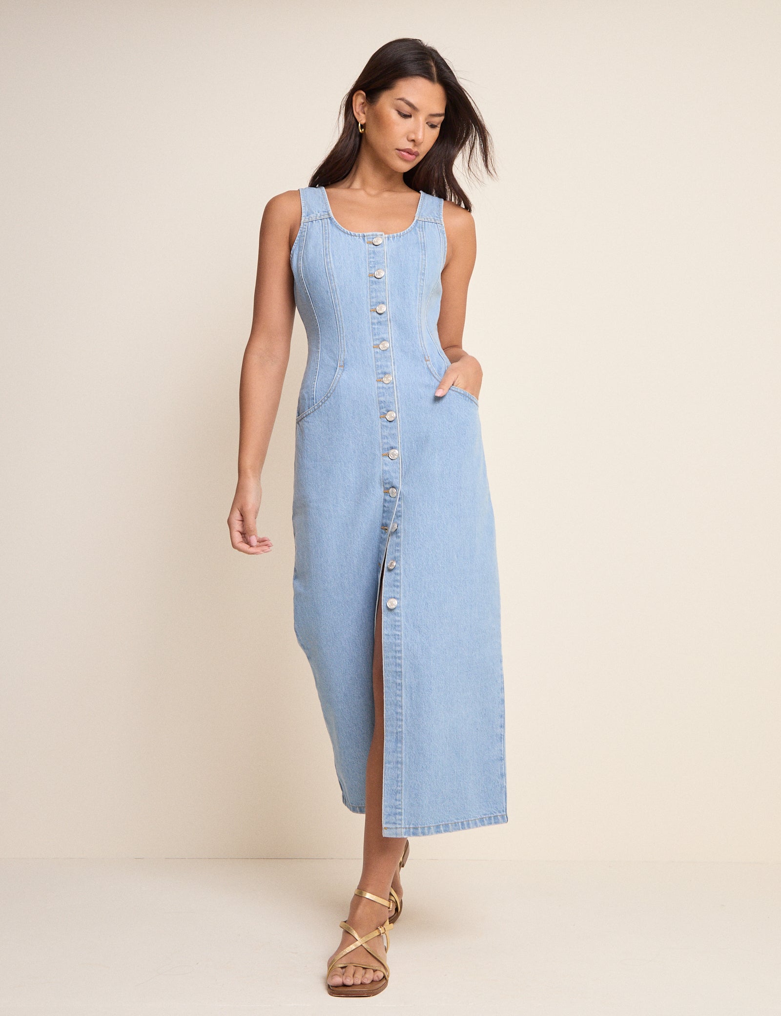 Light Blue Button Down Quays Midi Dress