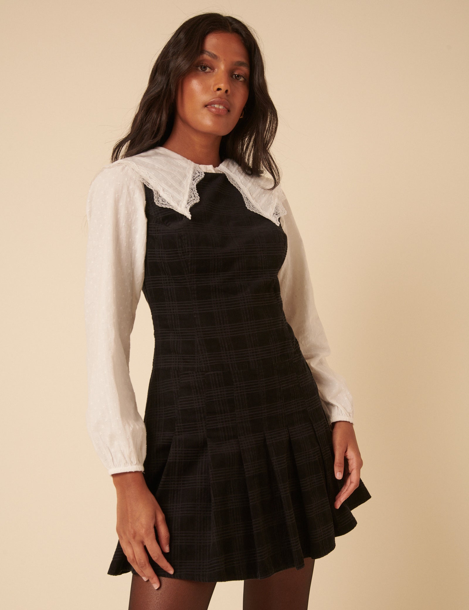 Black Check Cord Merida Pinafore Mini Dress