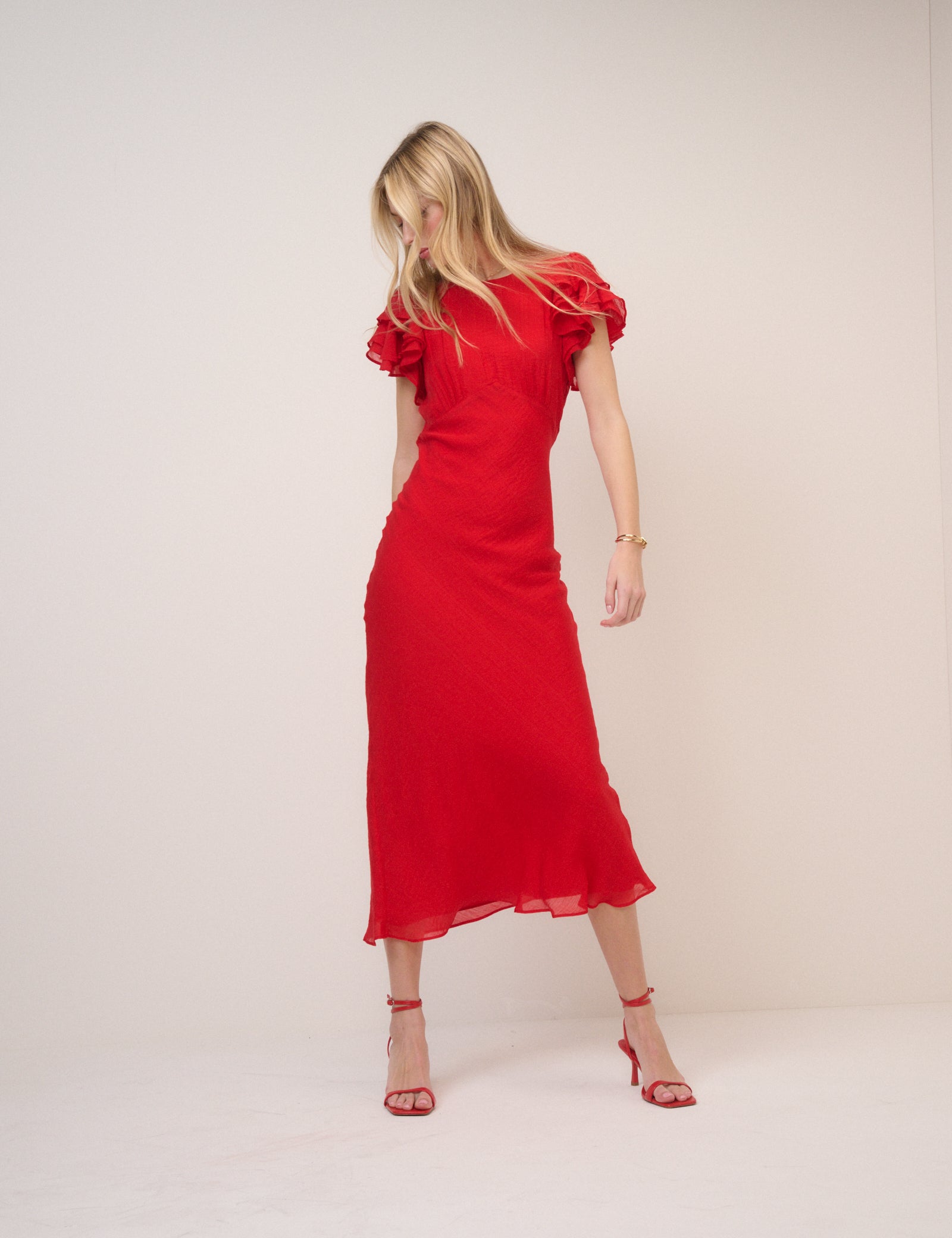 Red Frill Sleeve Lola Midi Dress