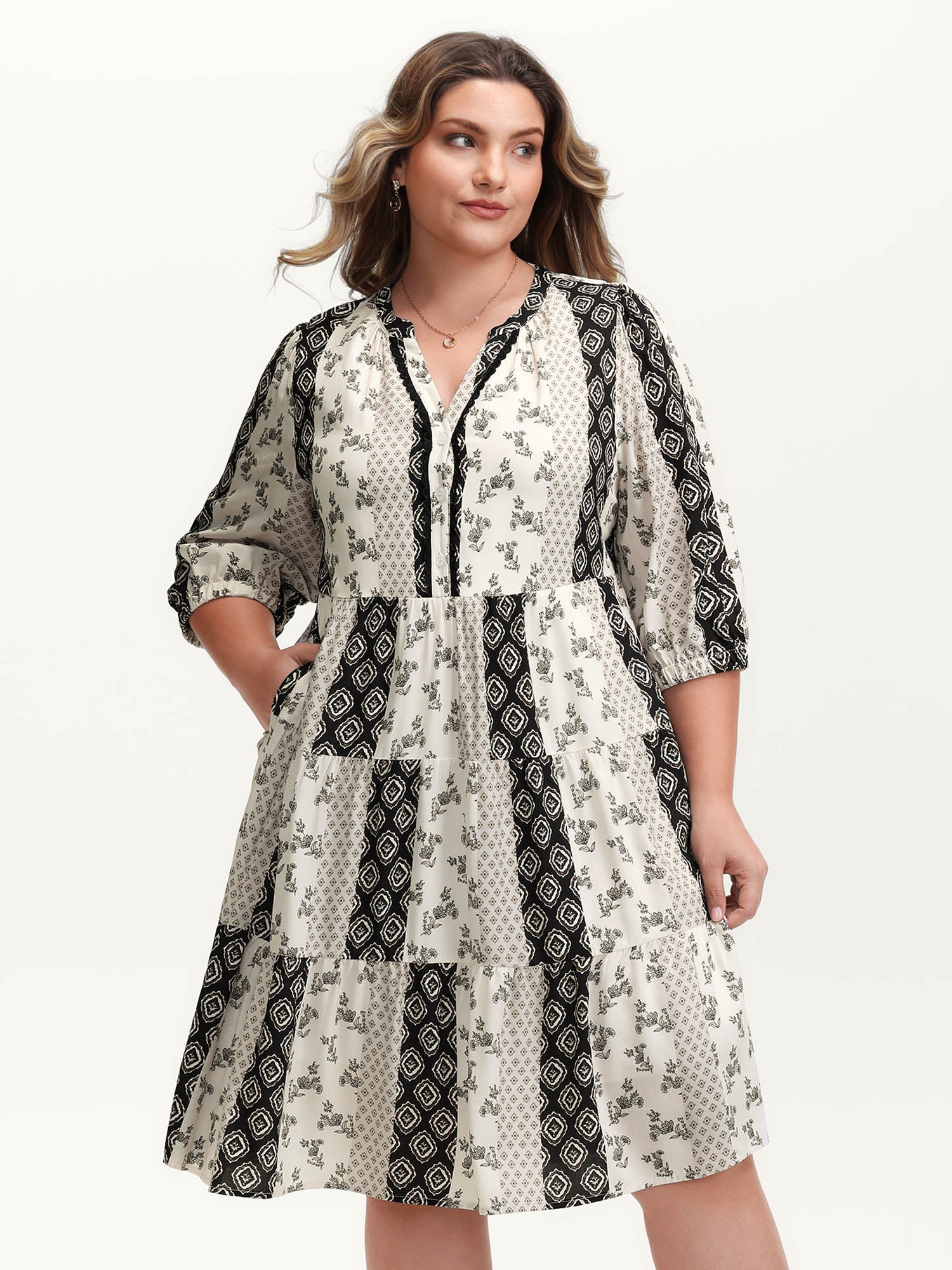 Colorblock Collage Print Tiered Midi Dress