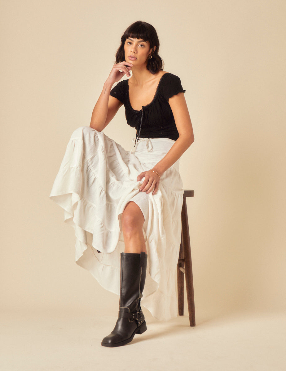 White Linen-Blend Tie Waist Tiered Skirt