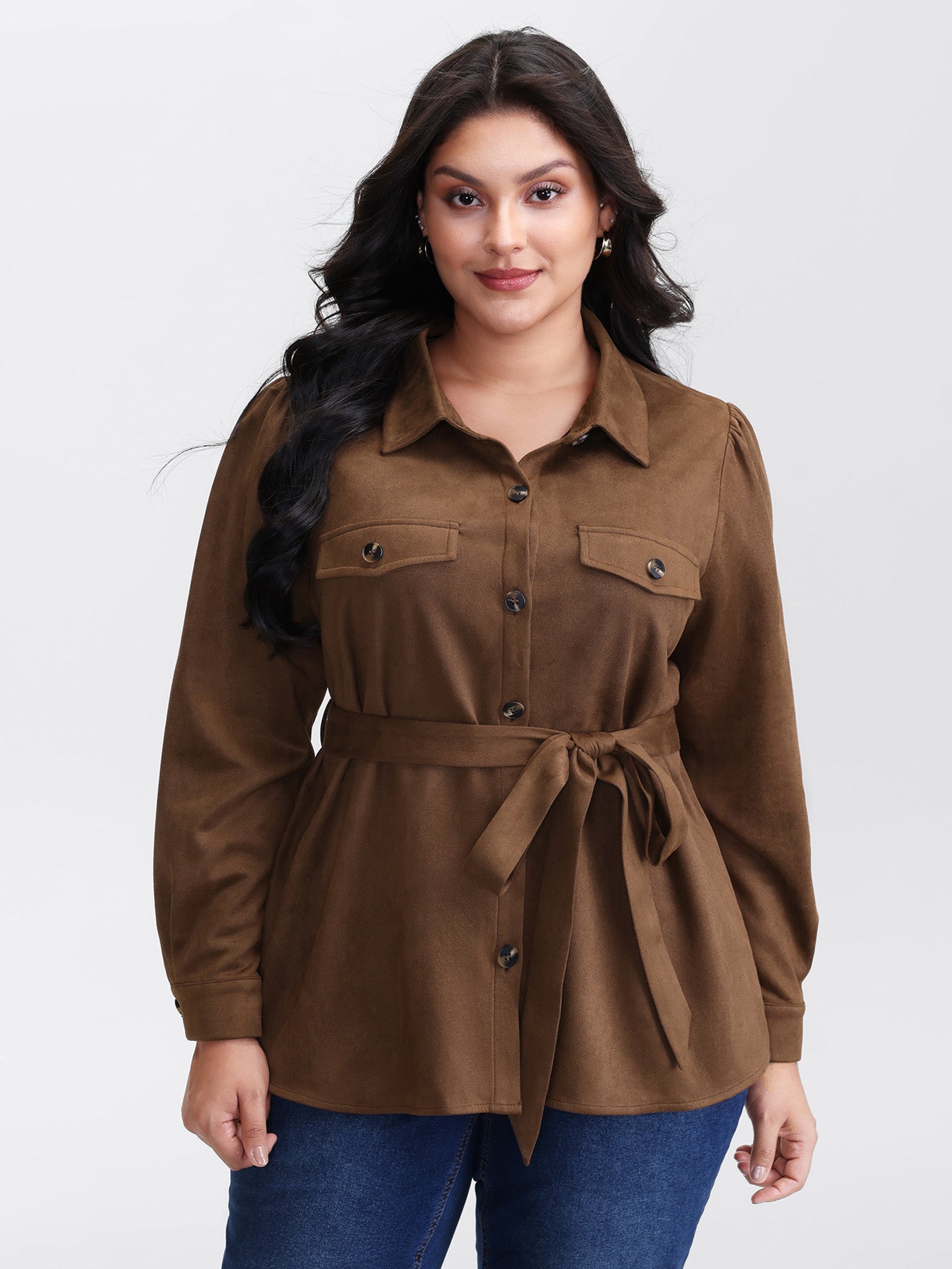 Suede Open-Front Belted Long Shirt
