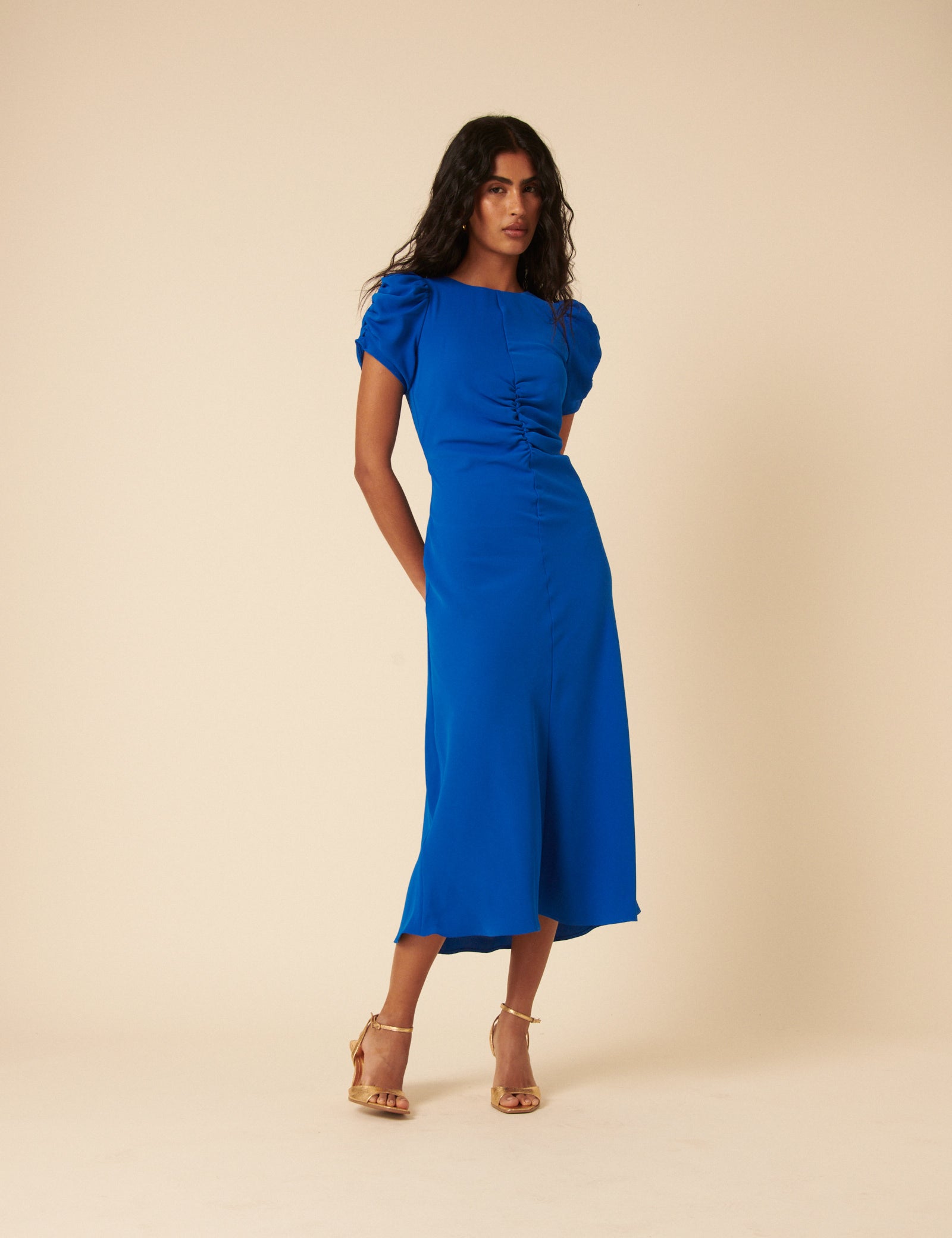 Blue Ruched Naomi Midi Dress