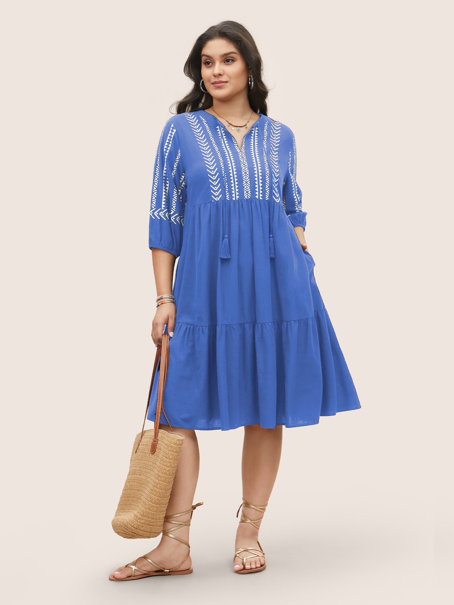 Cotton Geometric Bandana Print Tassel Trim Dress
