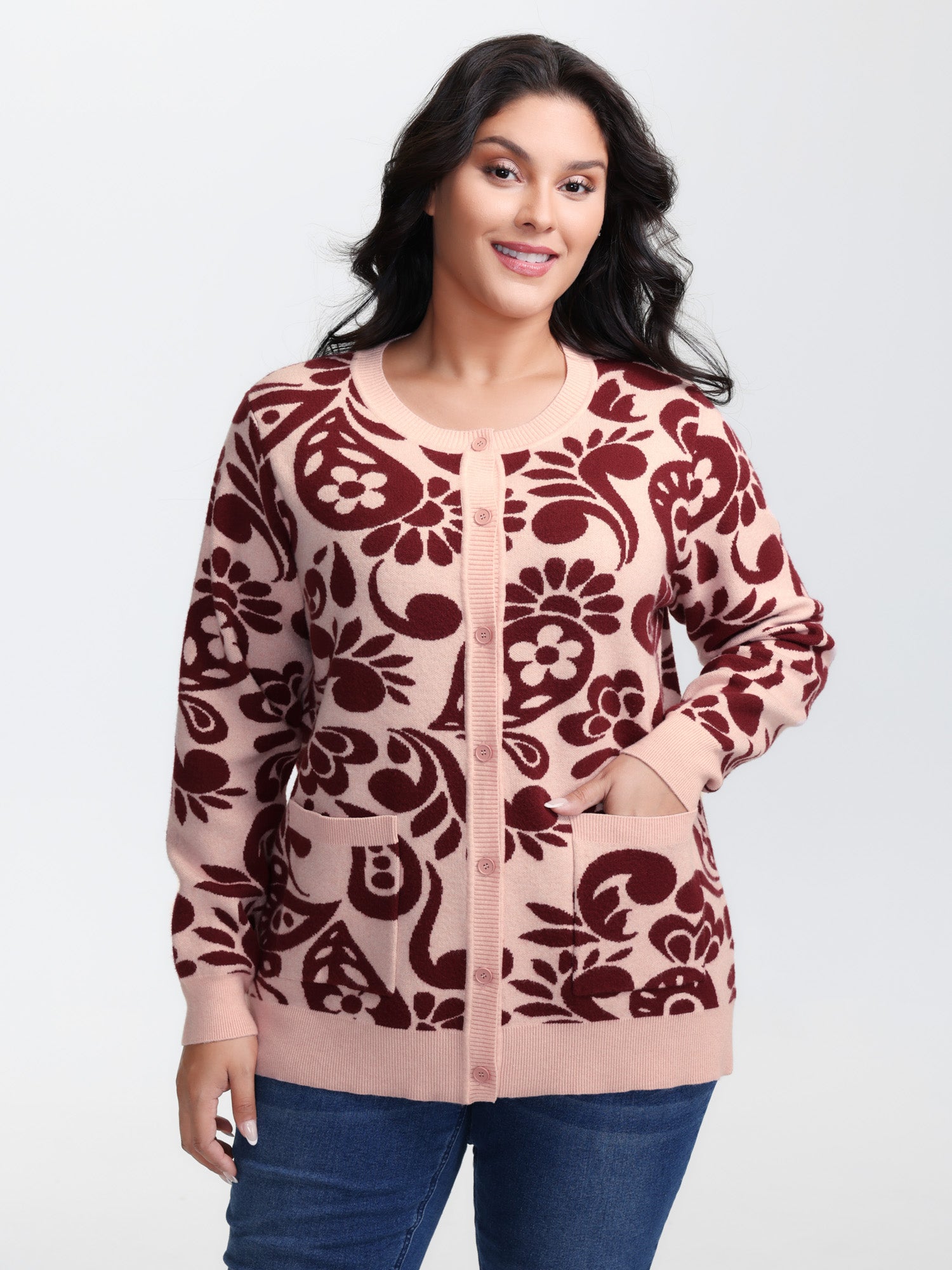 Jacquard Floral Print Button Knit Cardigan