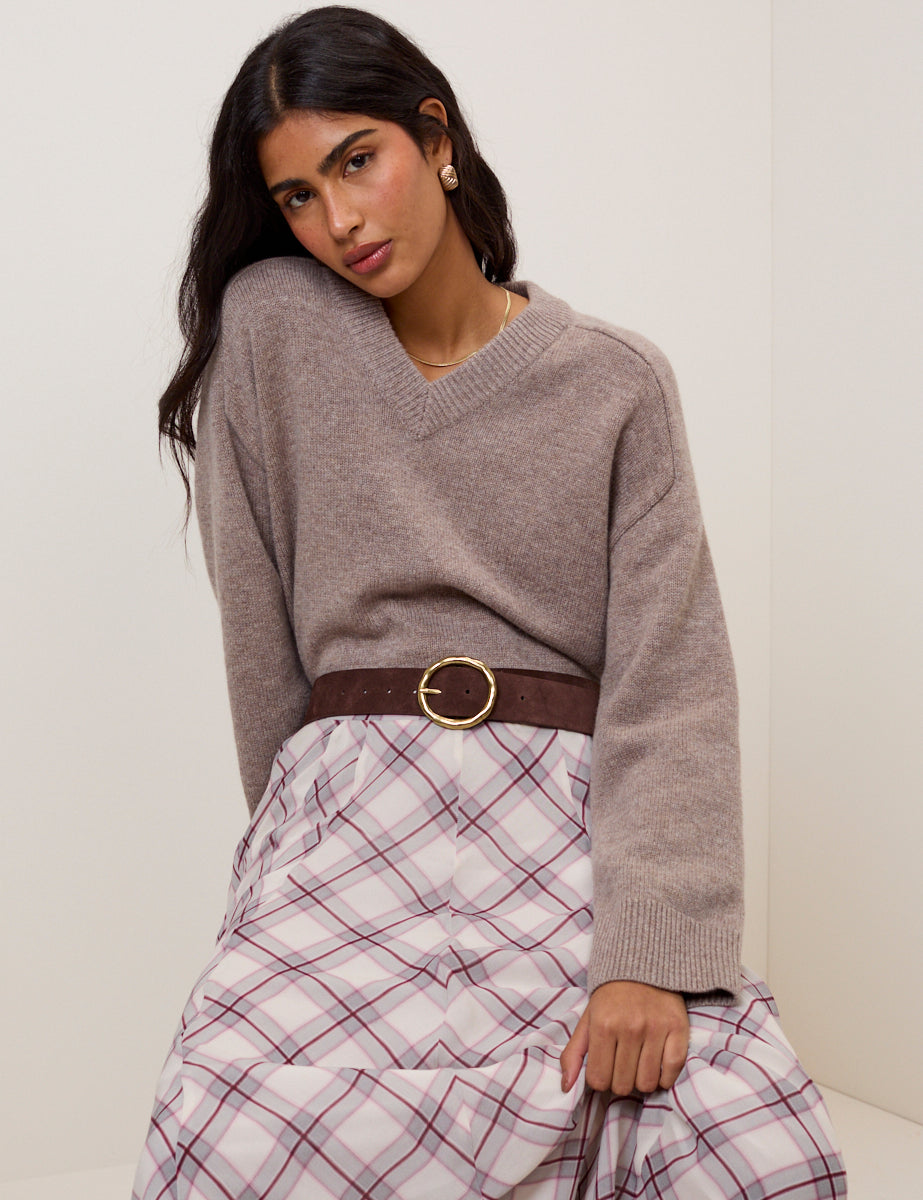 Beige V-Neck Wool Jumper