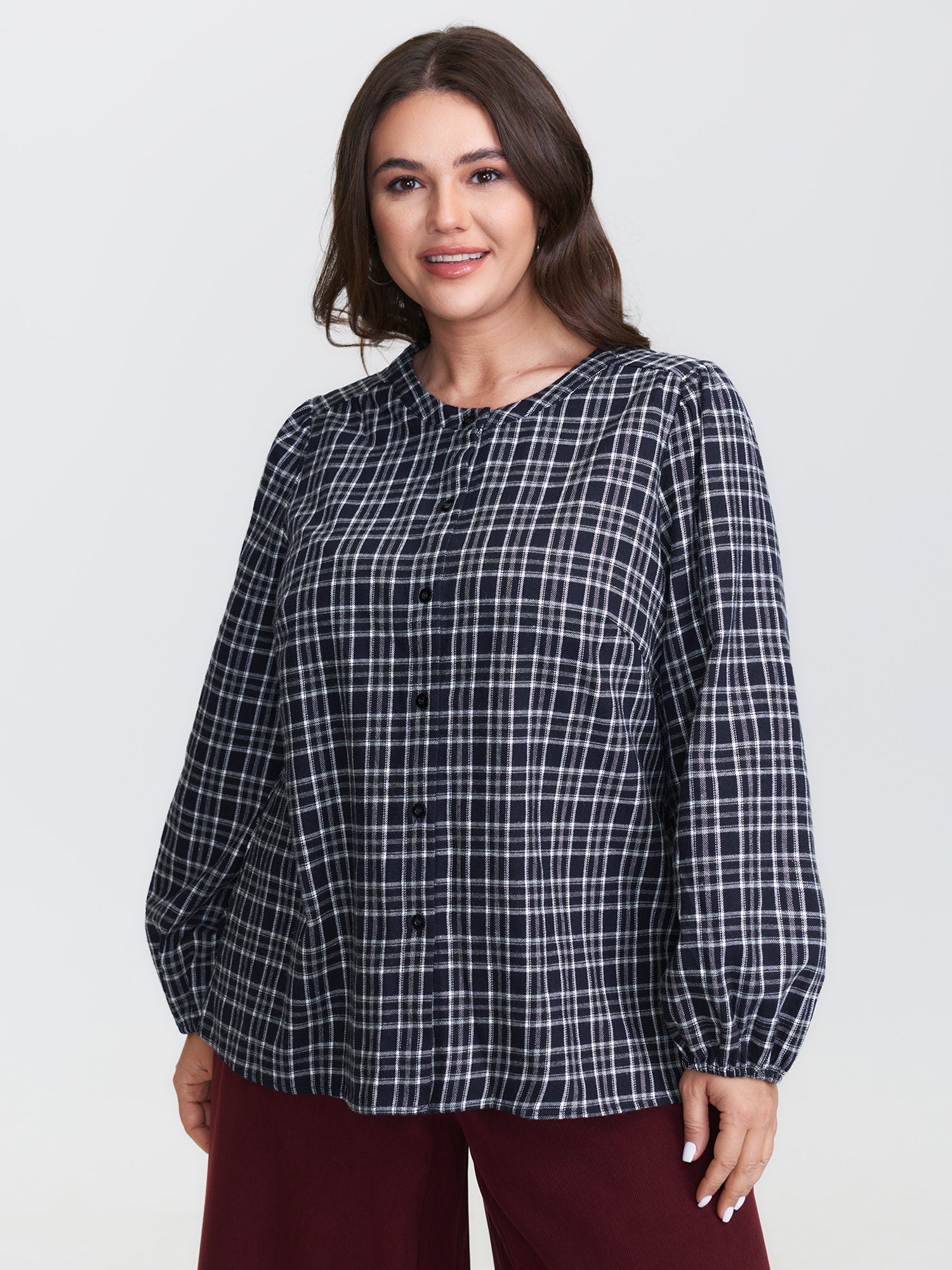 Plaid Pattern Button-Down Blouse