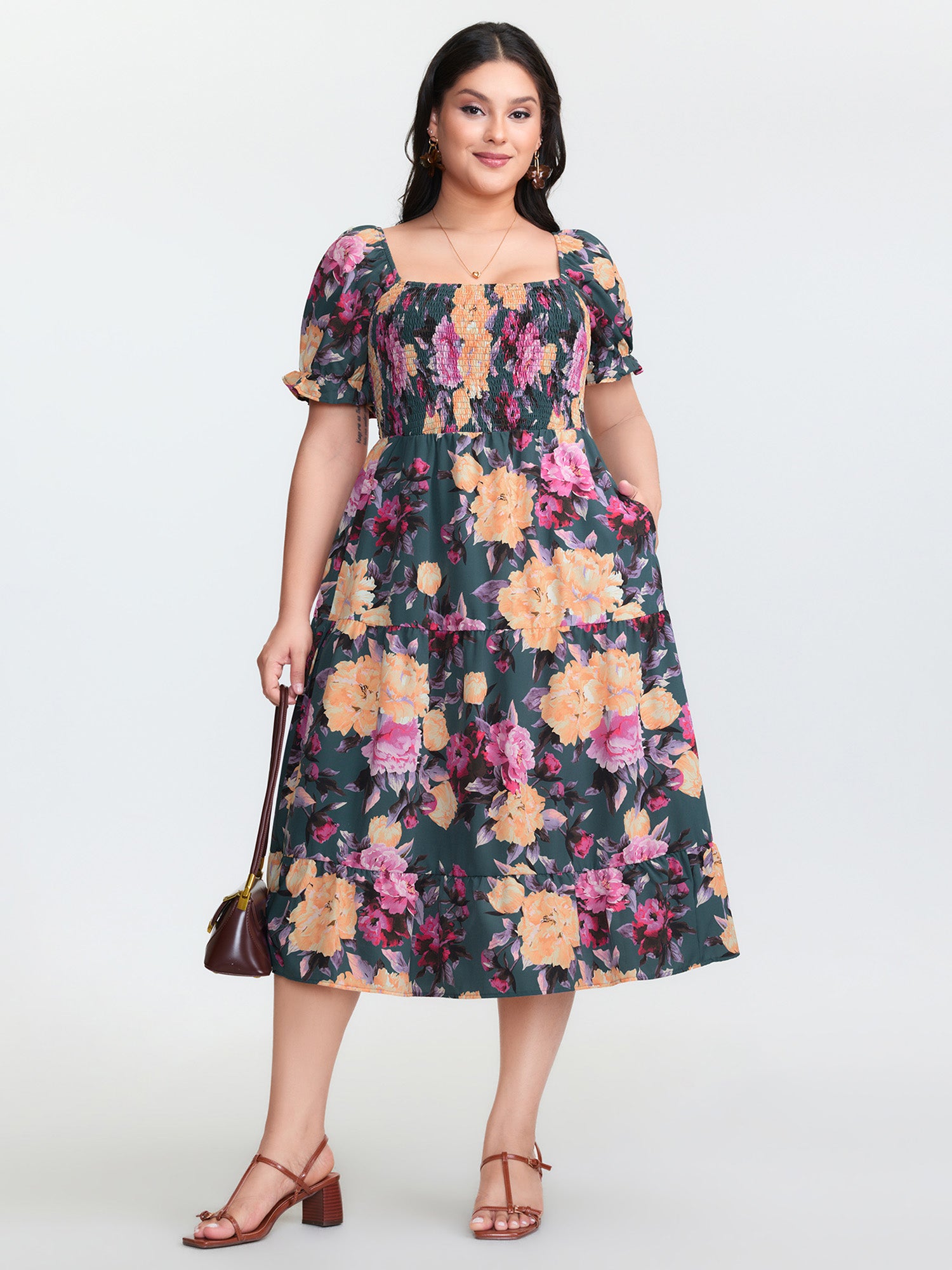 Floral Print Shirred Bodice Midi Dress