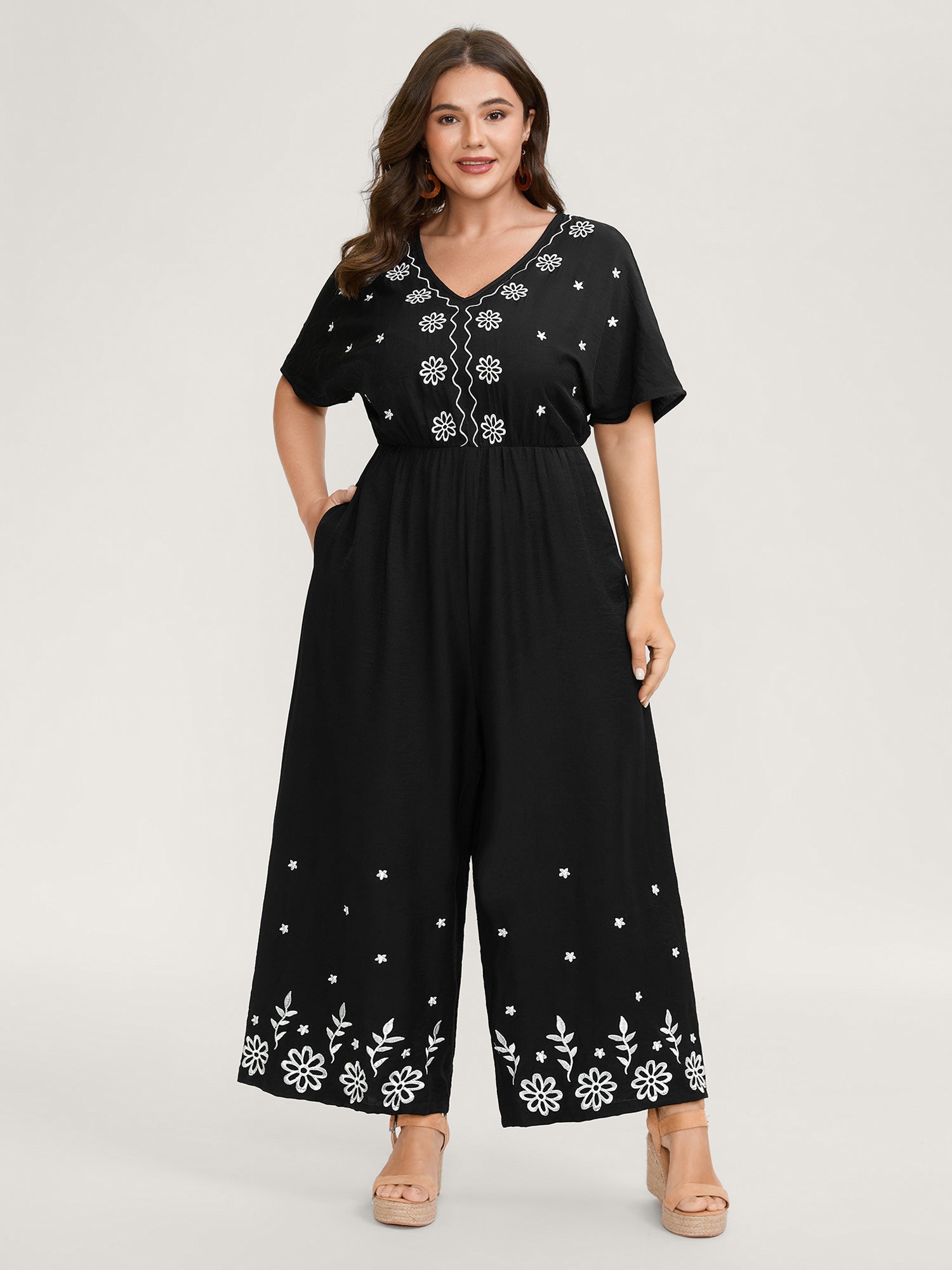 Floral Embroidery V-Neck Jumpsuit
