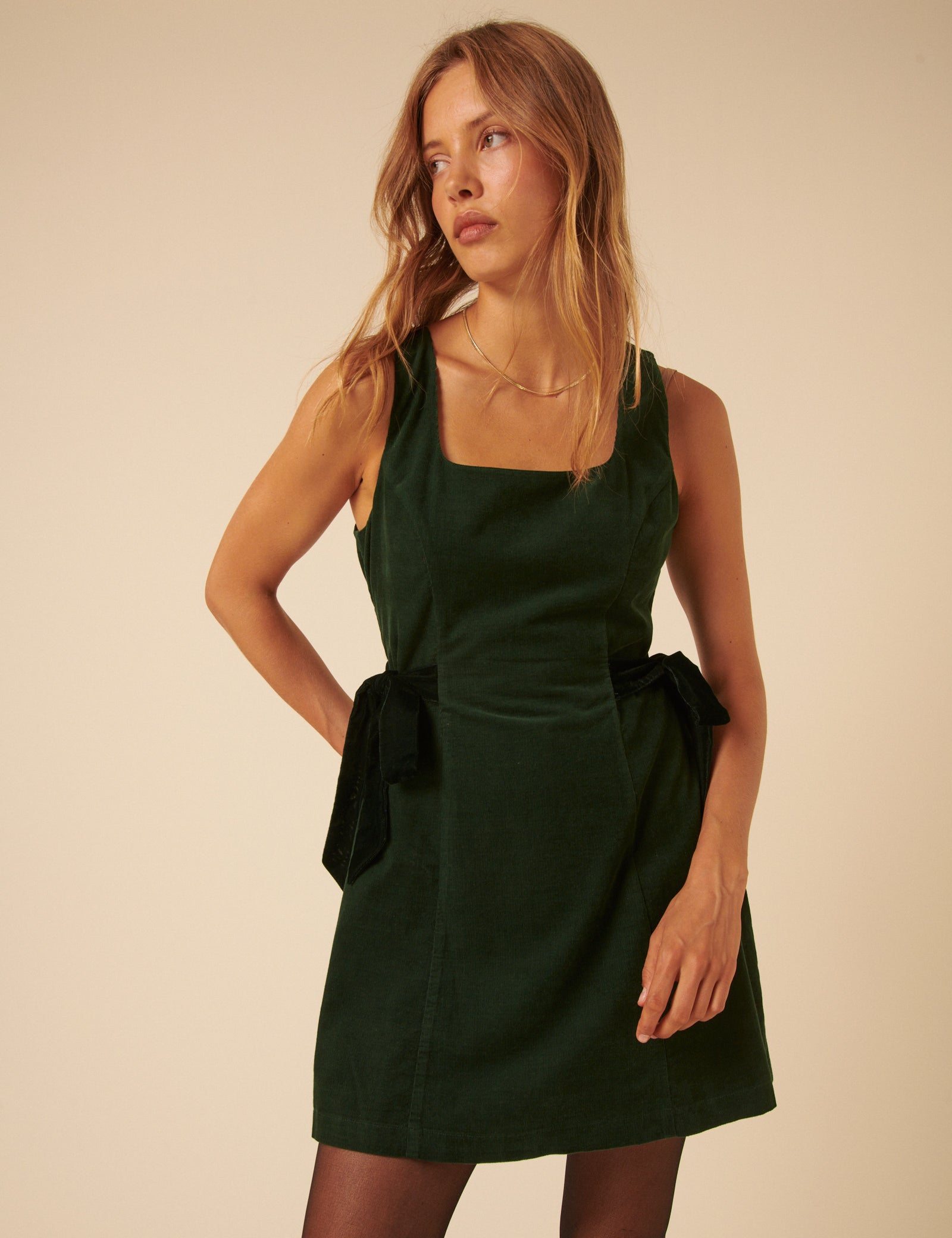 Green Cord Side Bow Hayley Mini Dress