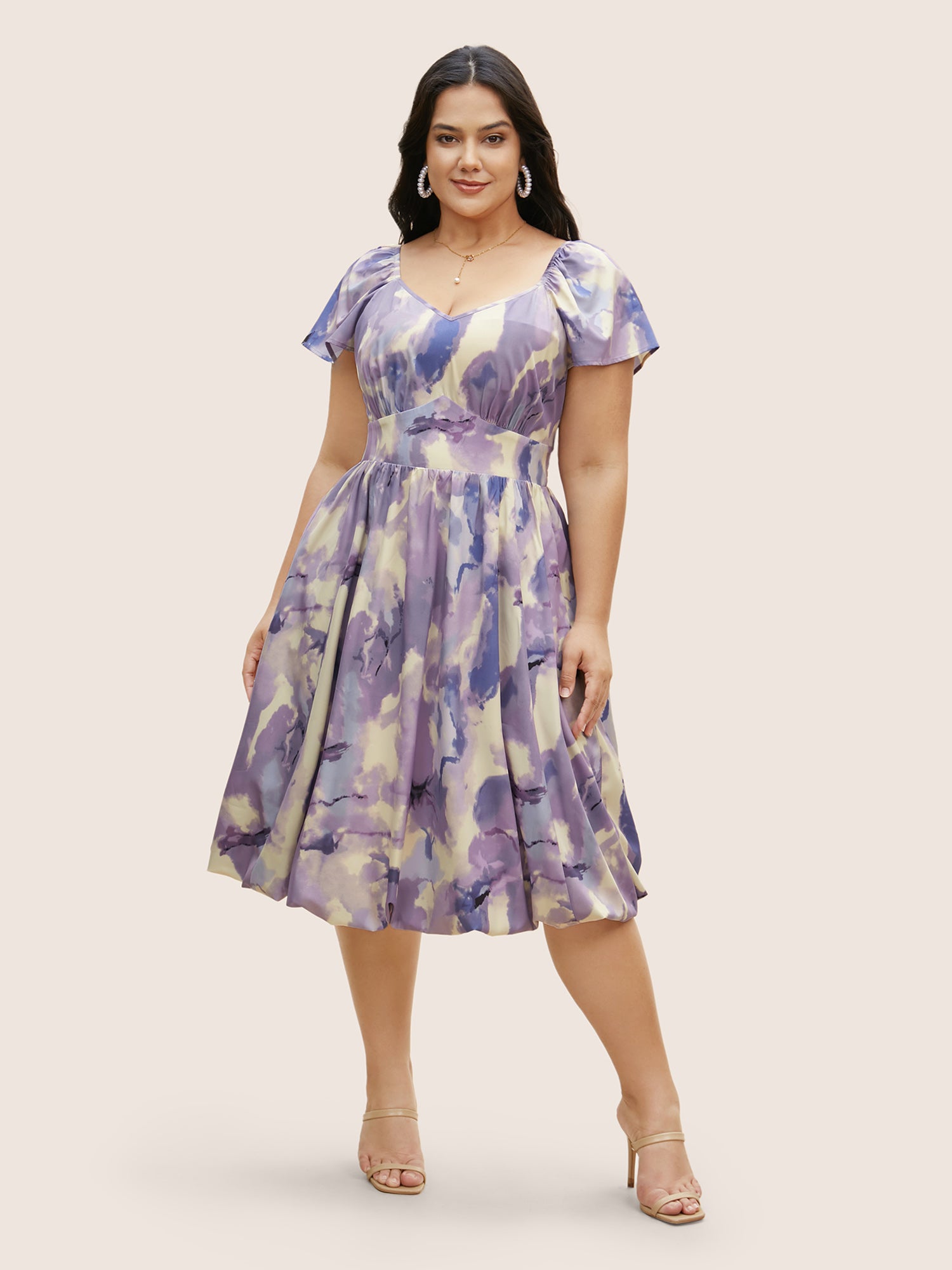 Watercolor Floral Bubble Hem Pockets Dress