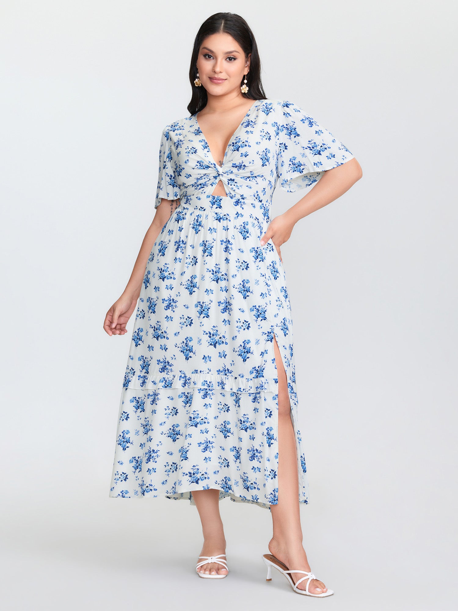 Floral Print Cut-Out Twisted Midi Dress