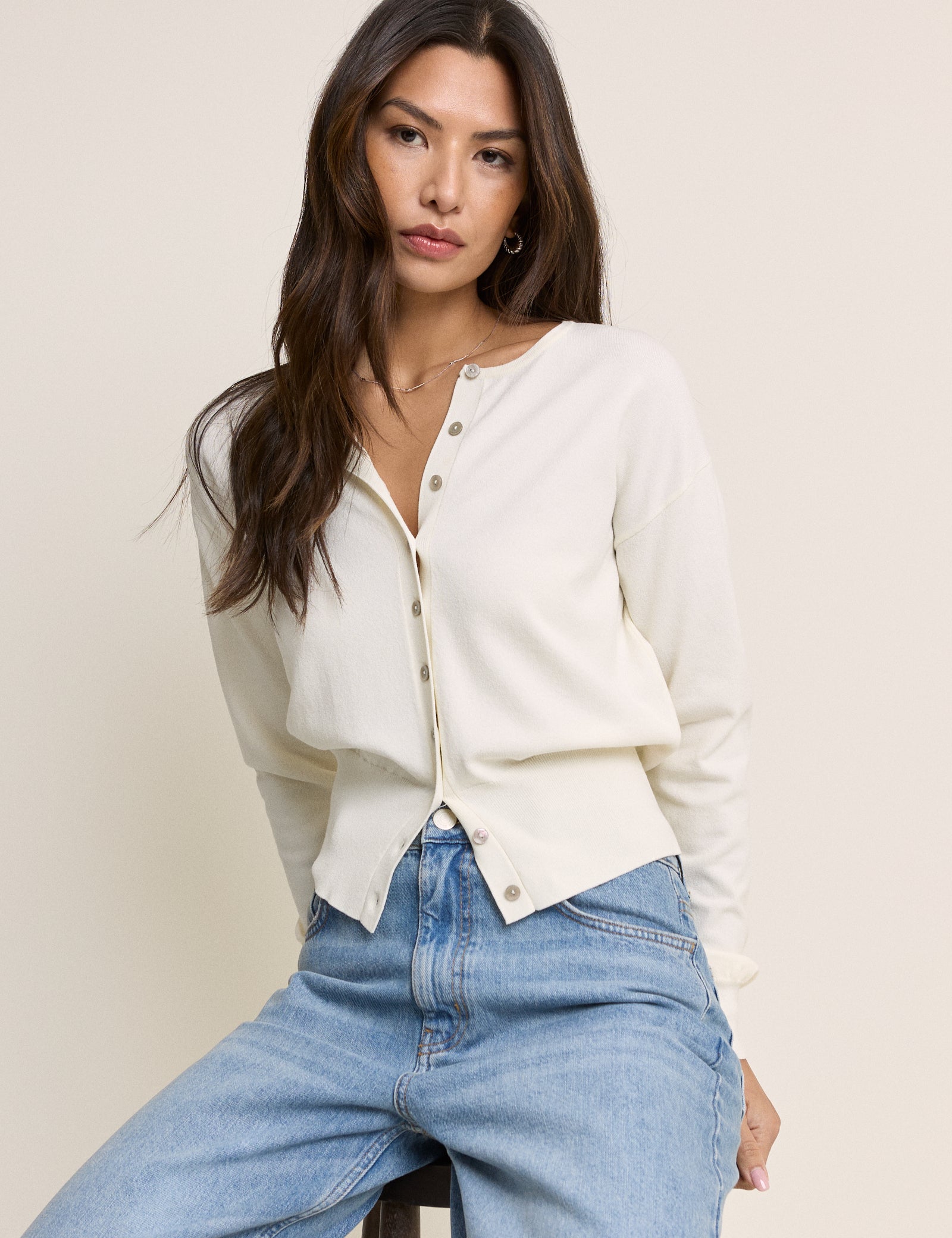 White Waisted Crew Neck Cardigan