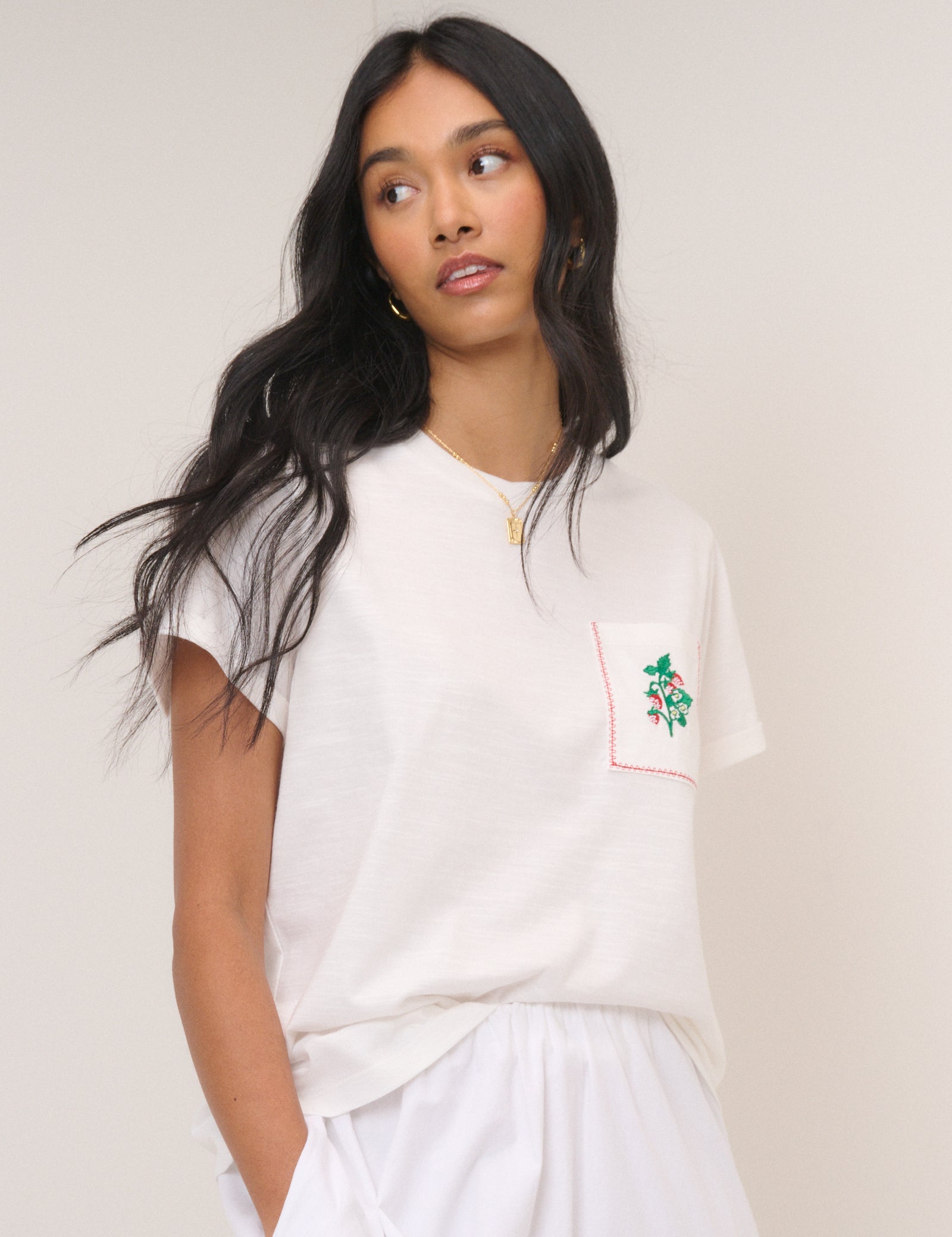 White Embroidered Pocket T-Shirt