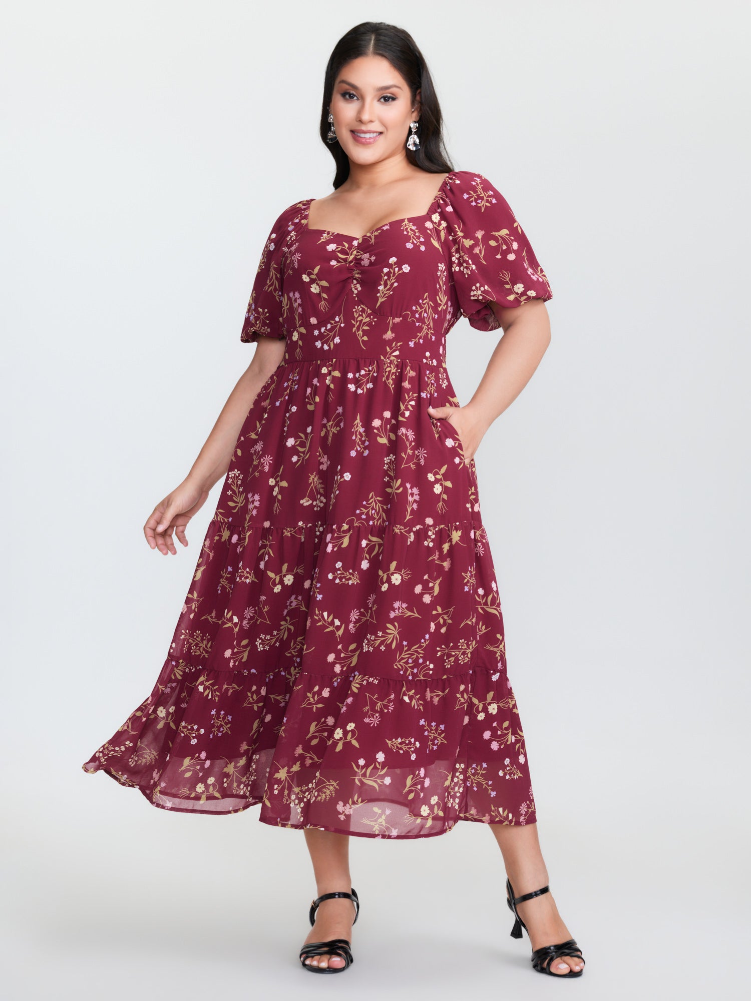 Floral Vanilla Print Sweetheart Neckline Maxi Dress