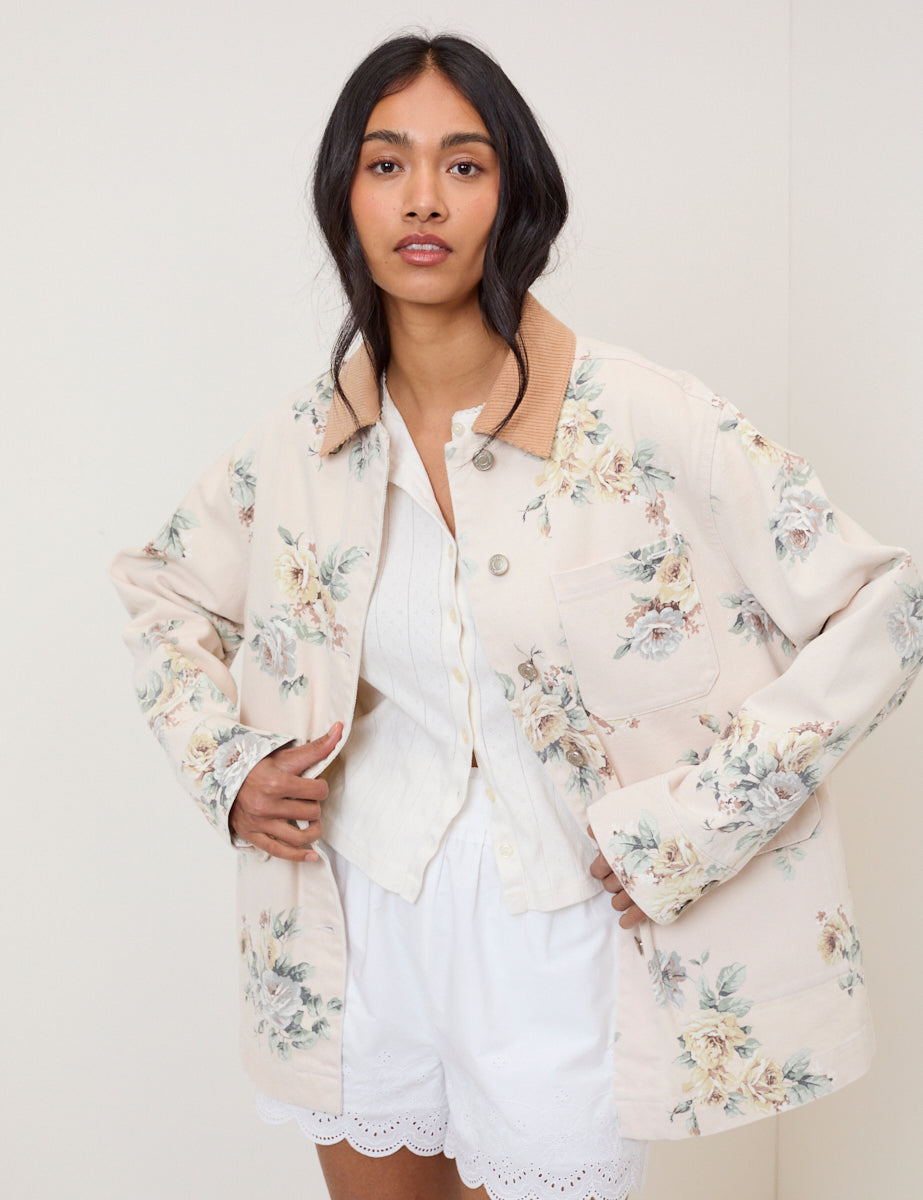 Light Pink Denim Floral Cord Collar Jacket