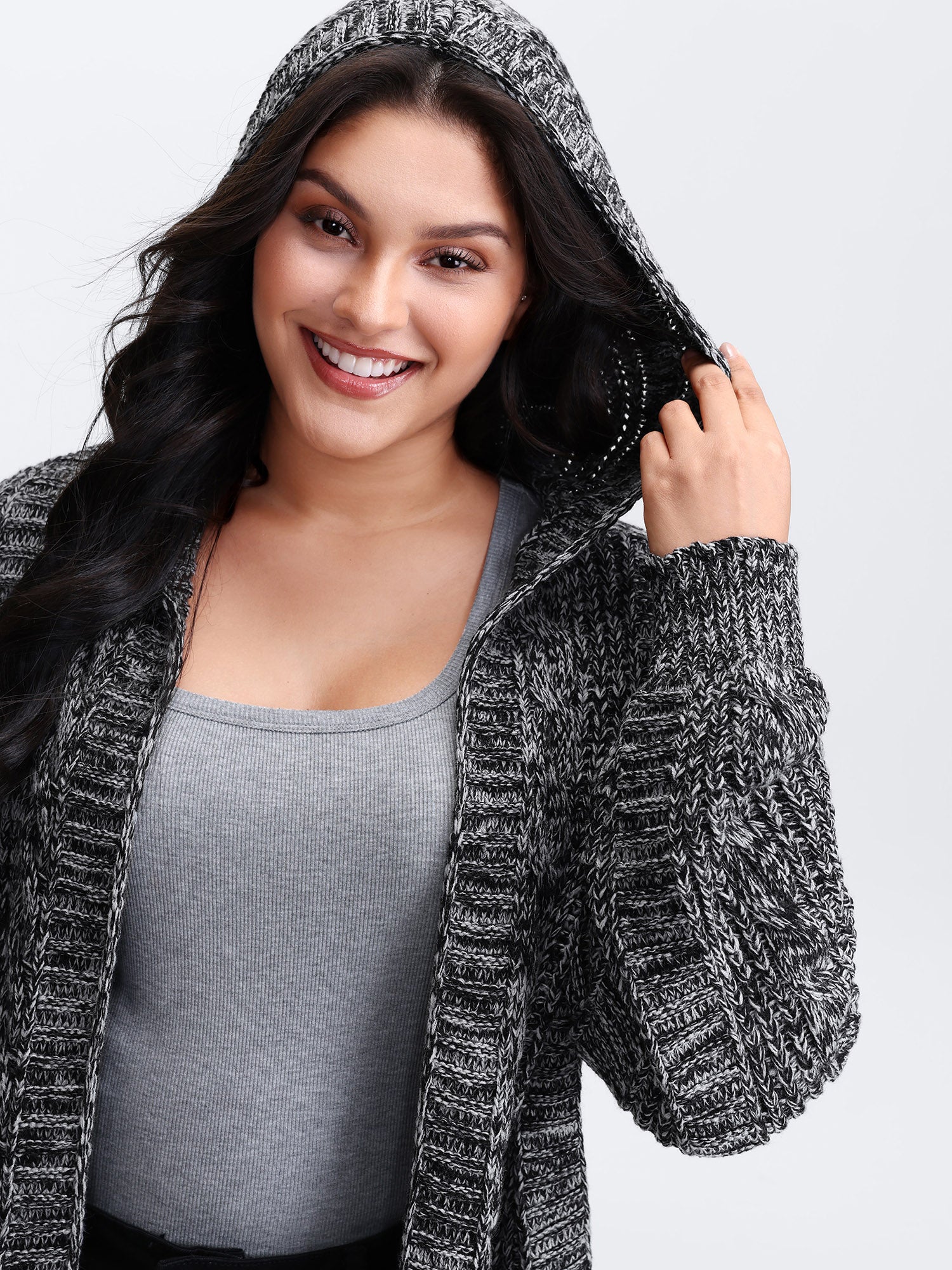 Textured Open Front Hooded Knit Cardigan
