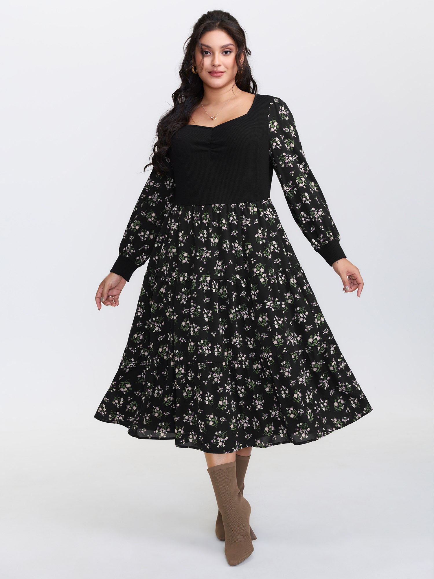 2-in-1 Floral Ruched Midi Dress