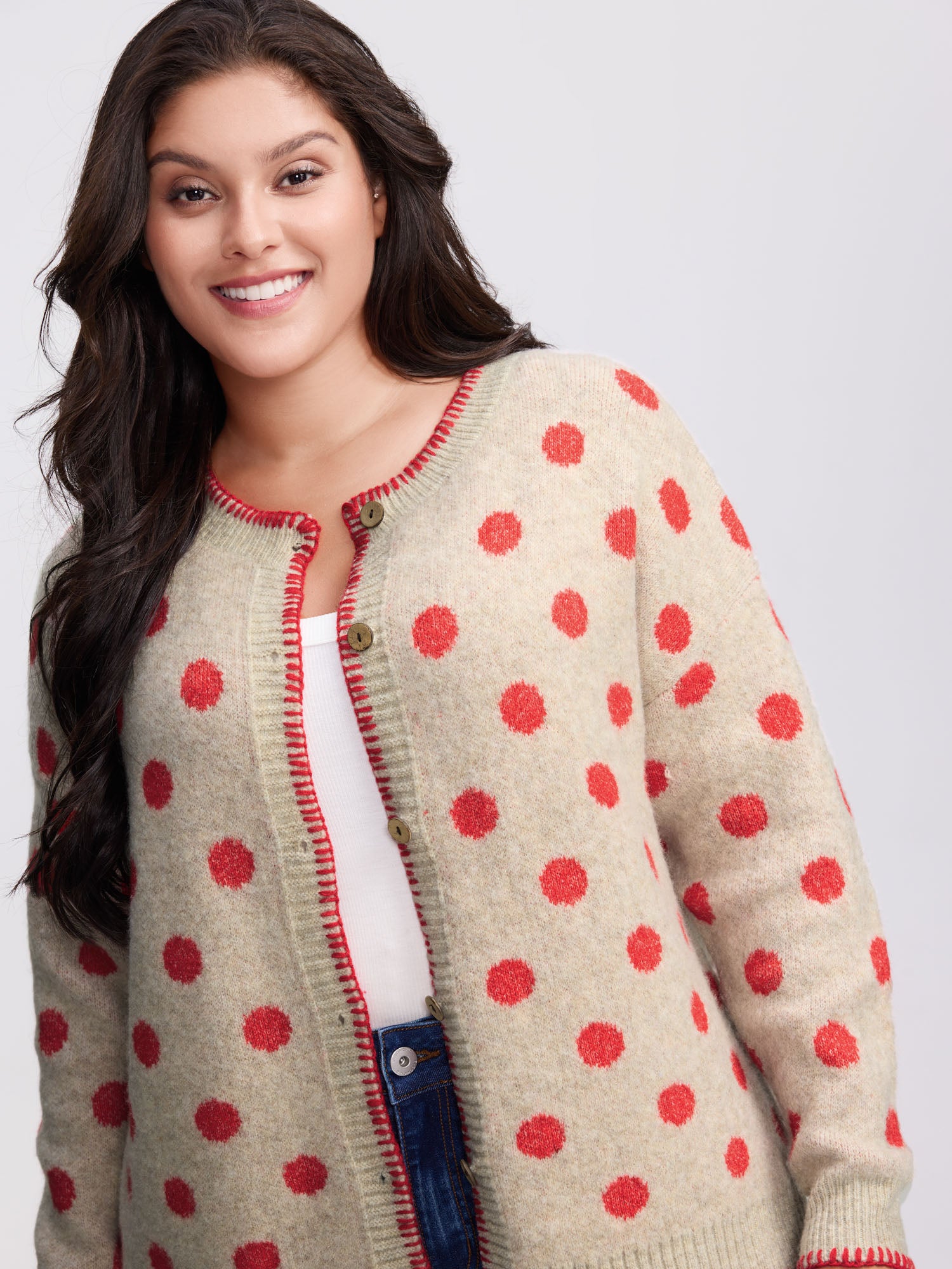 Polka Dots Jacquard Buttons Knit Cardigan