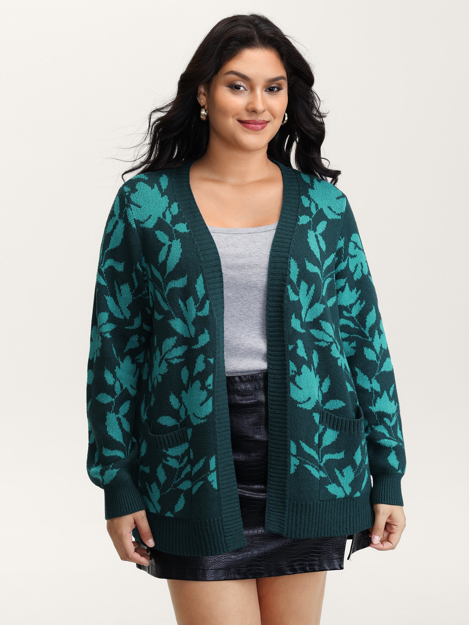 Floral Print V-Neck Ribbed Knit Cardigan