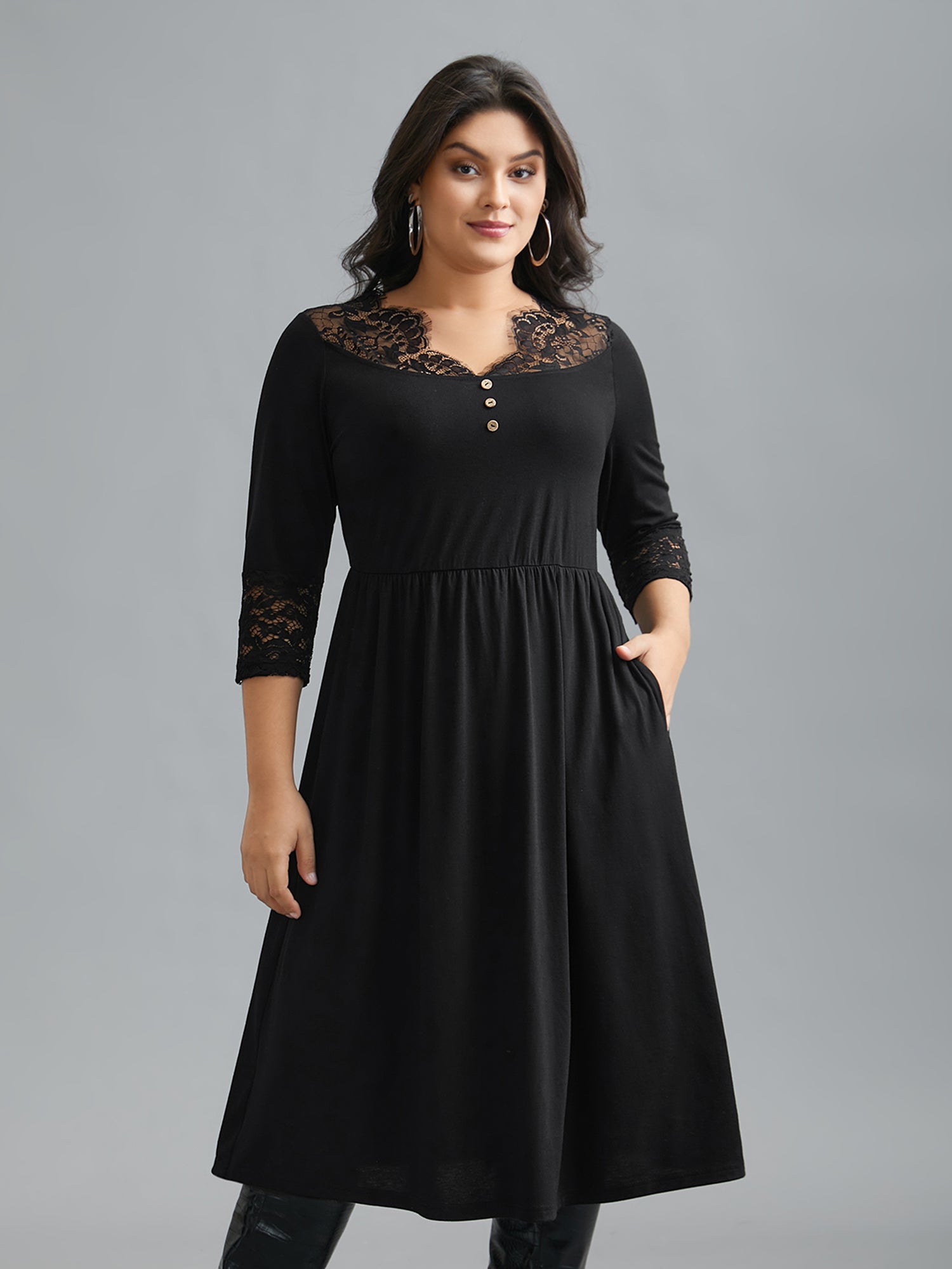Lace Trim Stitch Button Detail Dress