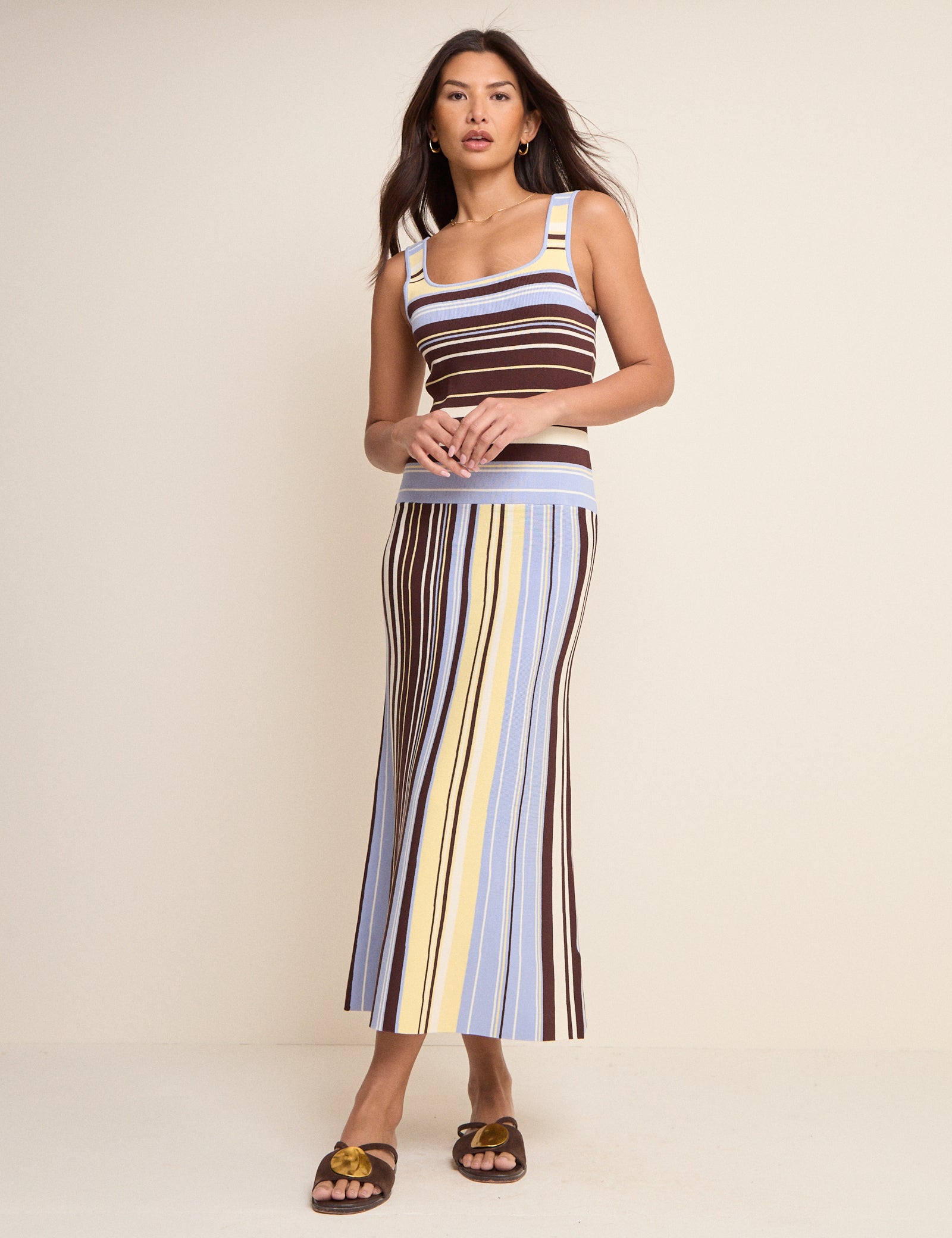 Brown and Blue Striped Drop Waist Knit Dress