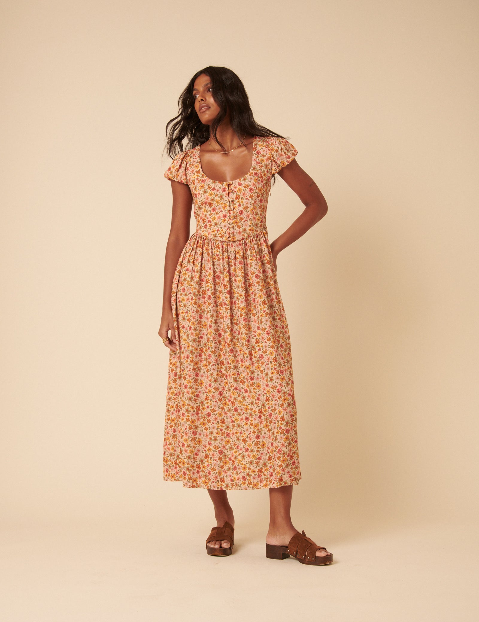 Orange Floral Puff Sleeve Cora Midi Dress