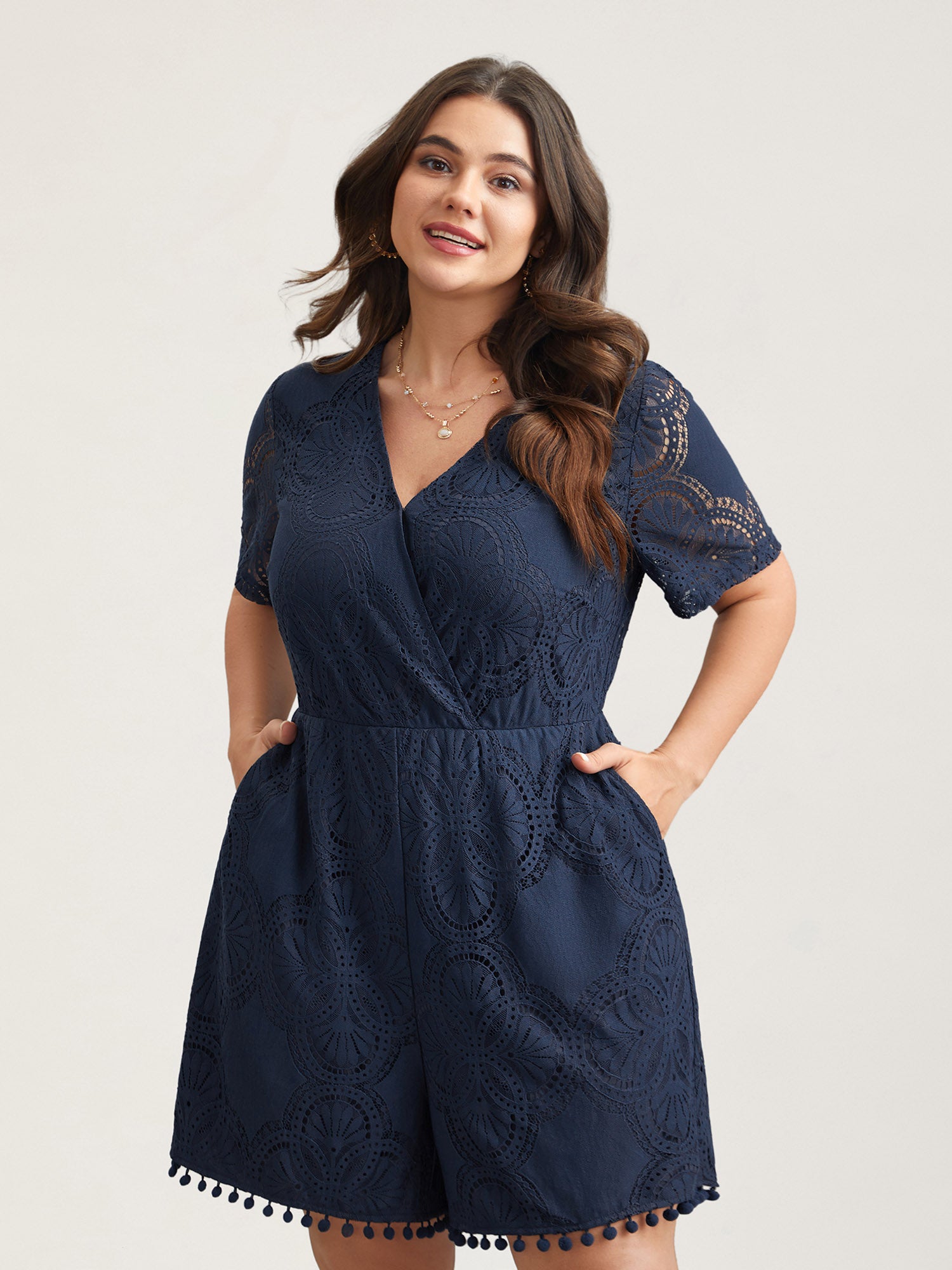 Lace Sleeve Stretchy Waist Pockets Romper