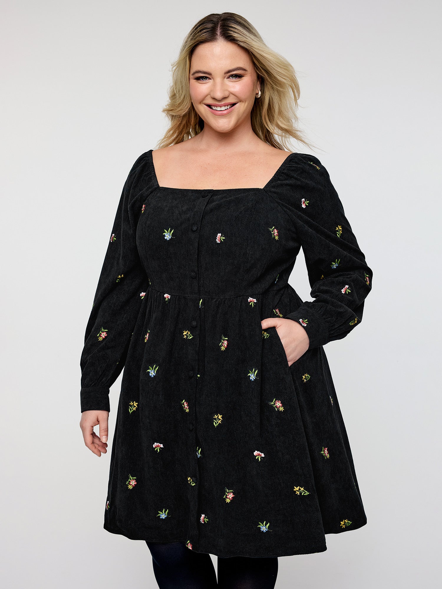 Floral Corduroy Embroidery Square Neck Knee Dress