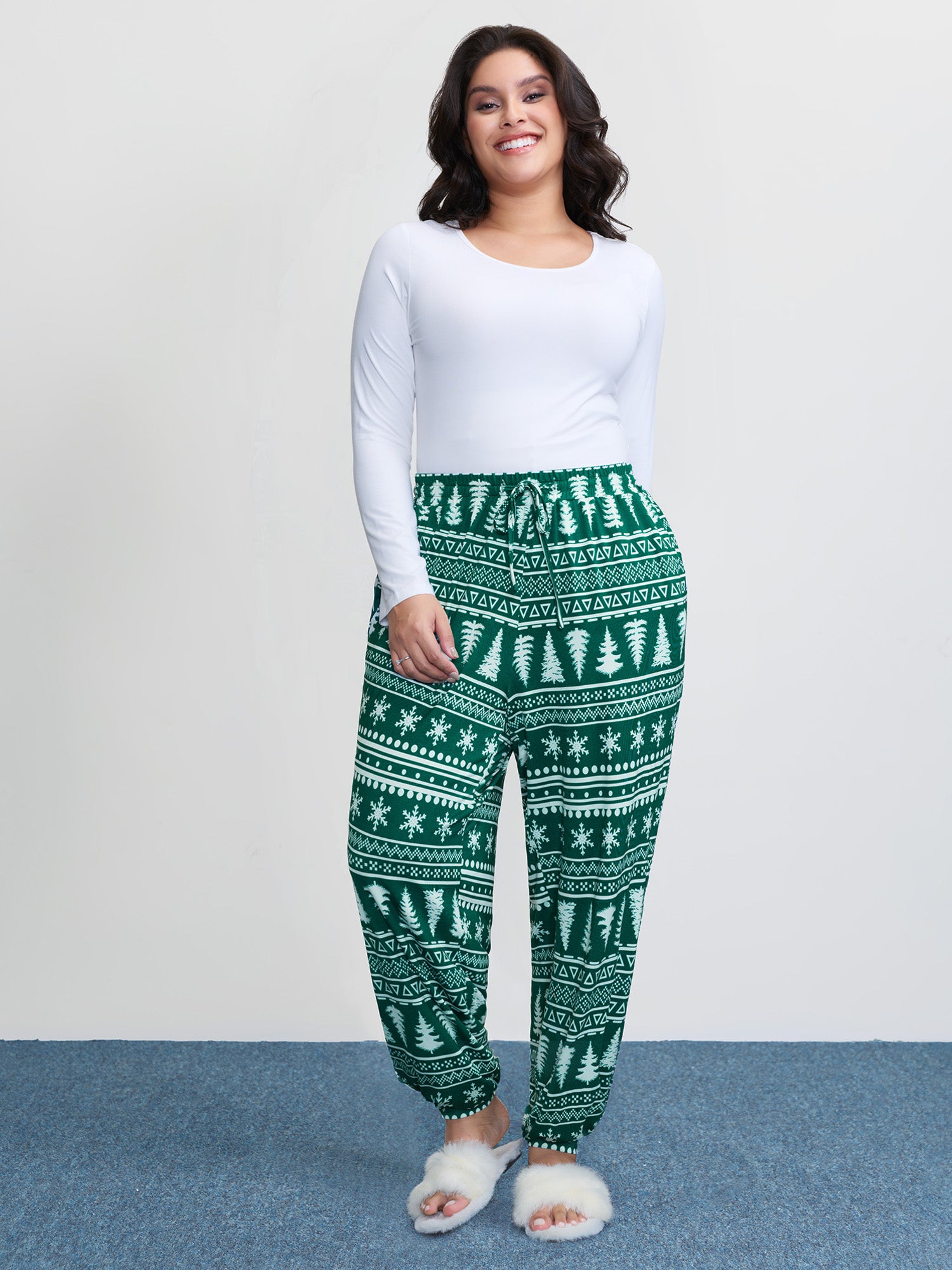 Holiday Print Drawstring Waist Lounge Bottoms