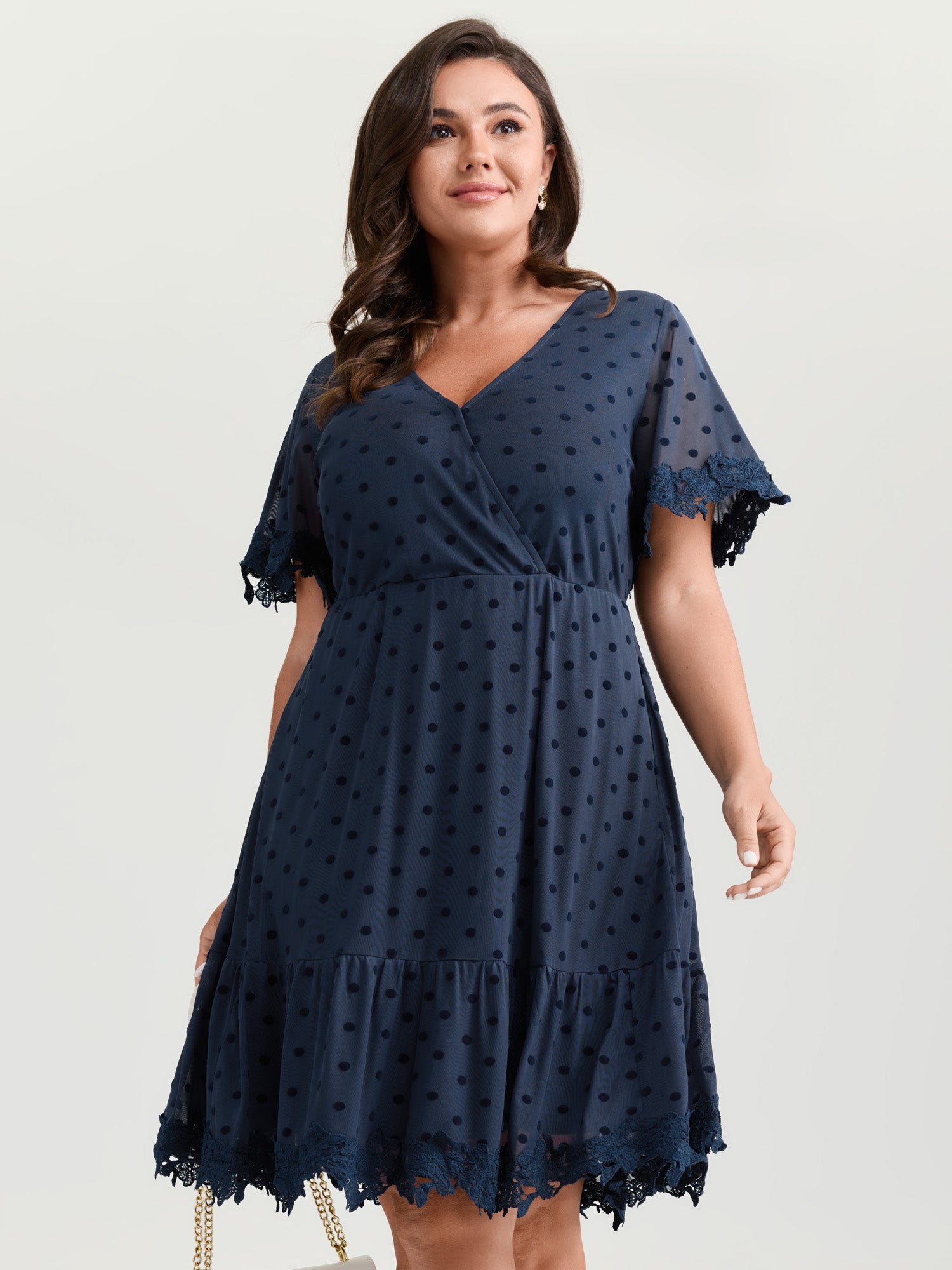 Polka Dot Textured Lace Trim Mini Dress