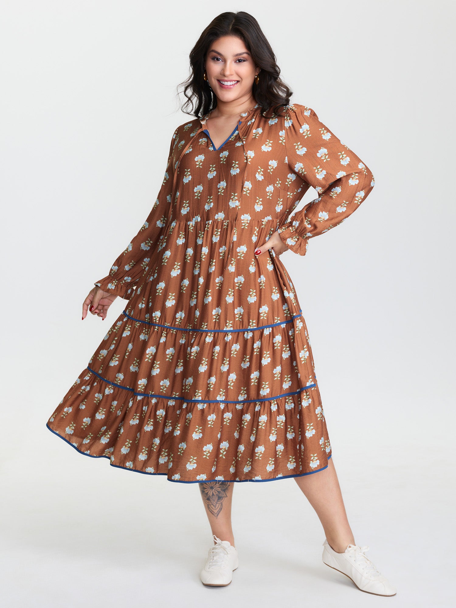 Supersoft Floral Print Drawstring Neckline Midi Dress
