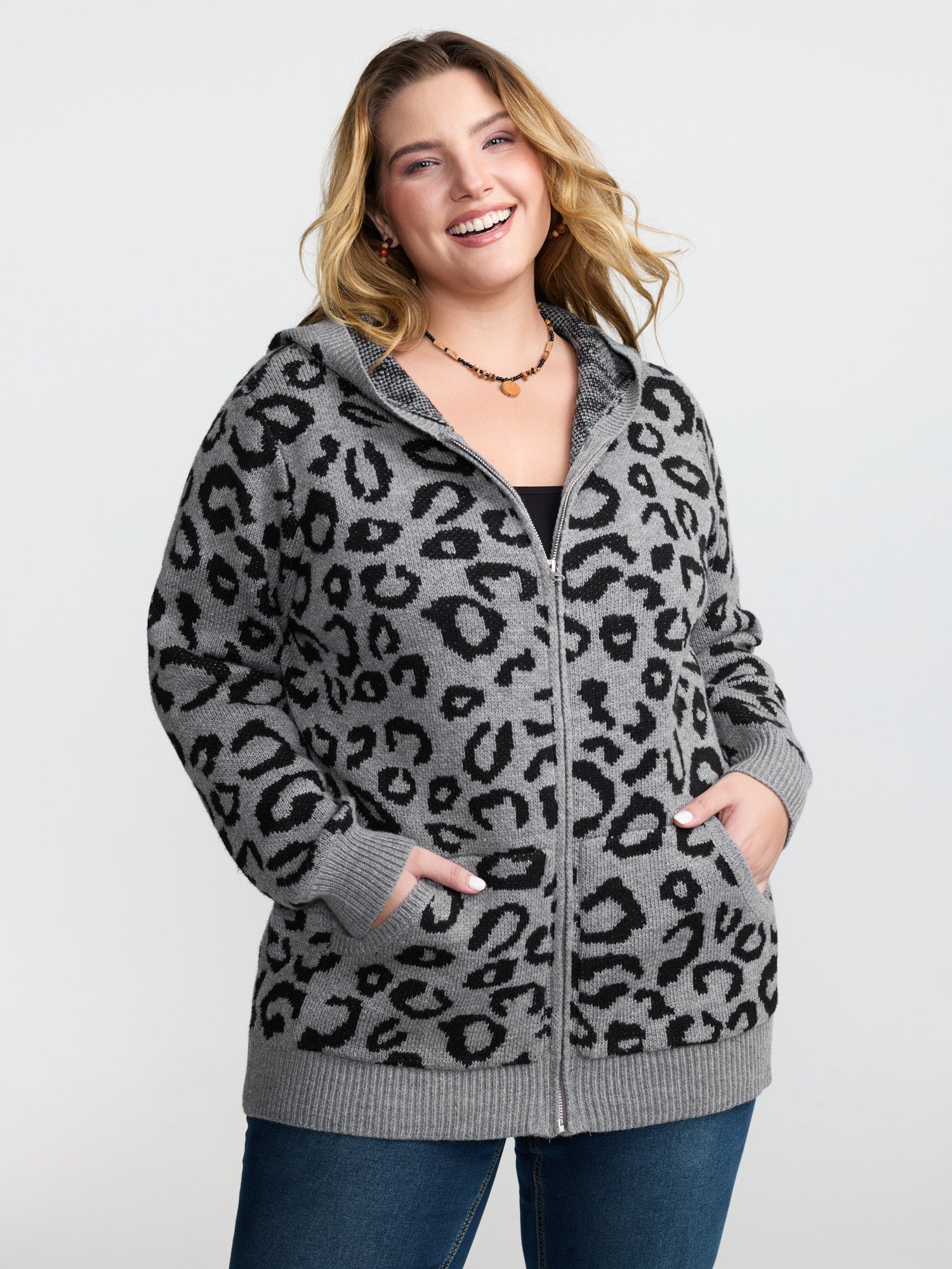 Leopard Print Jacquard Hooded Knit Cardigan