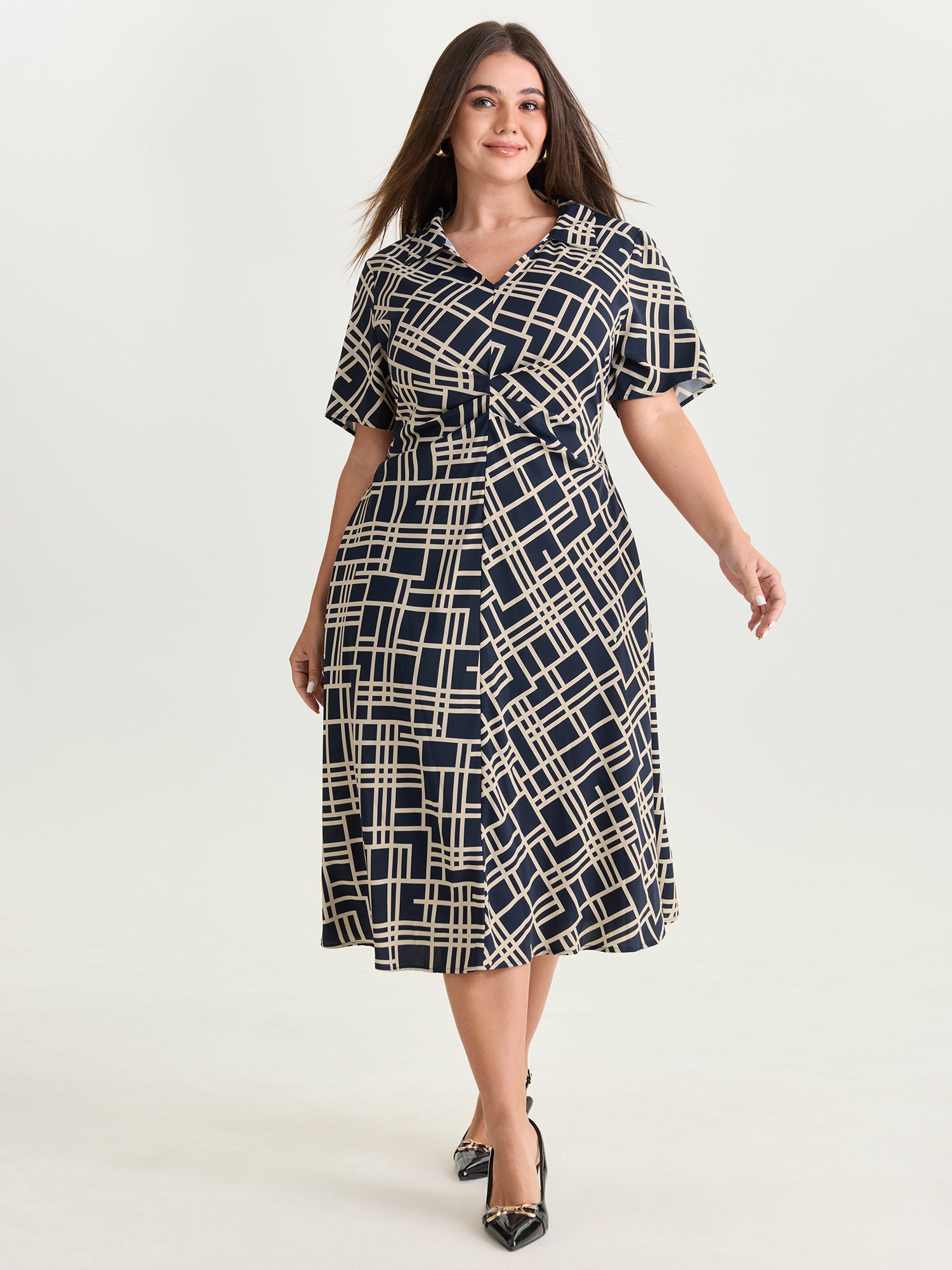 Geometric Print Collar Pleated Midi Dress