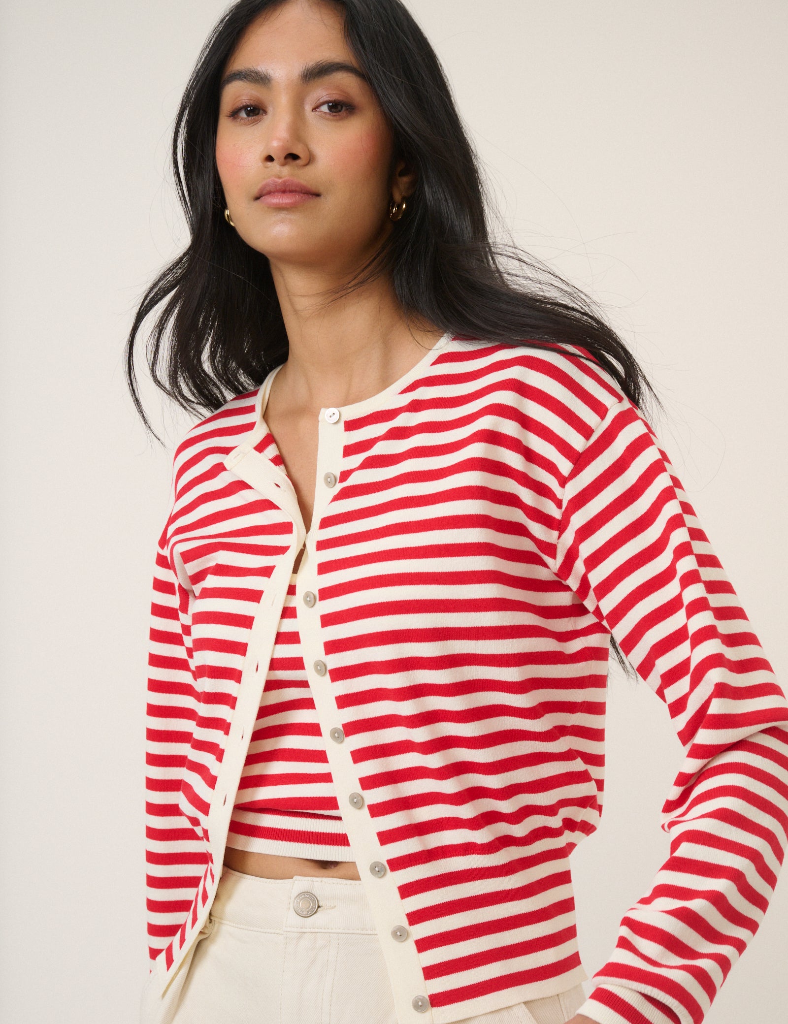 Red Striped Waisted Crew Neck Cardigan