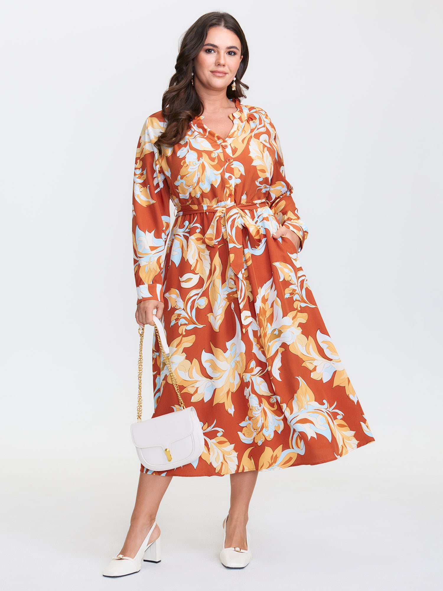 Leaf Print Waist-Defining Ruffled Neck Midi Dress