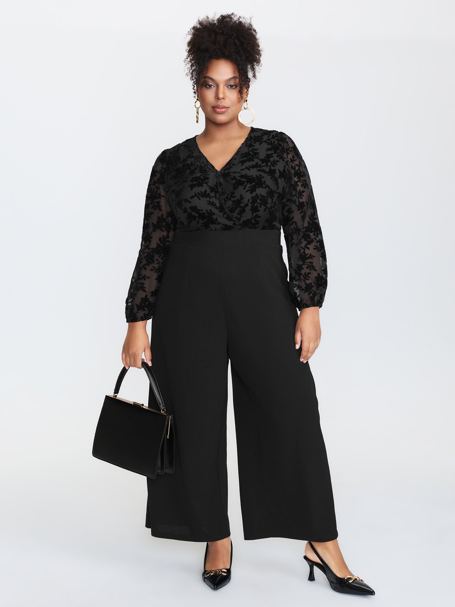 Floral Mesh Sleeve Surplice Flared Jumpsuit