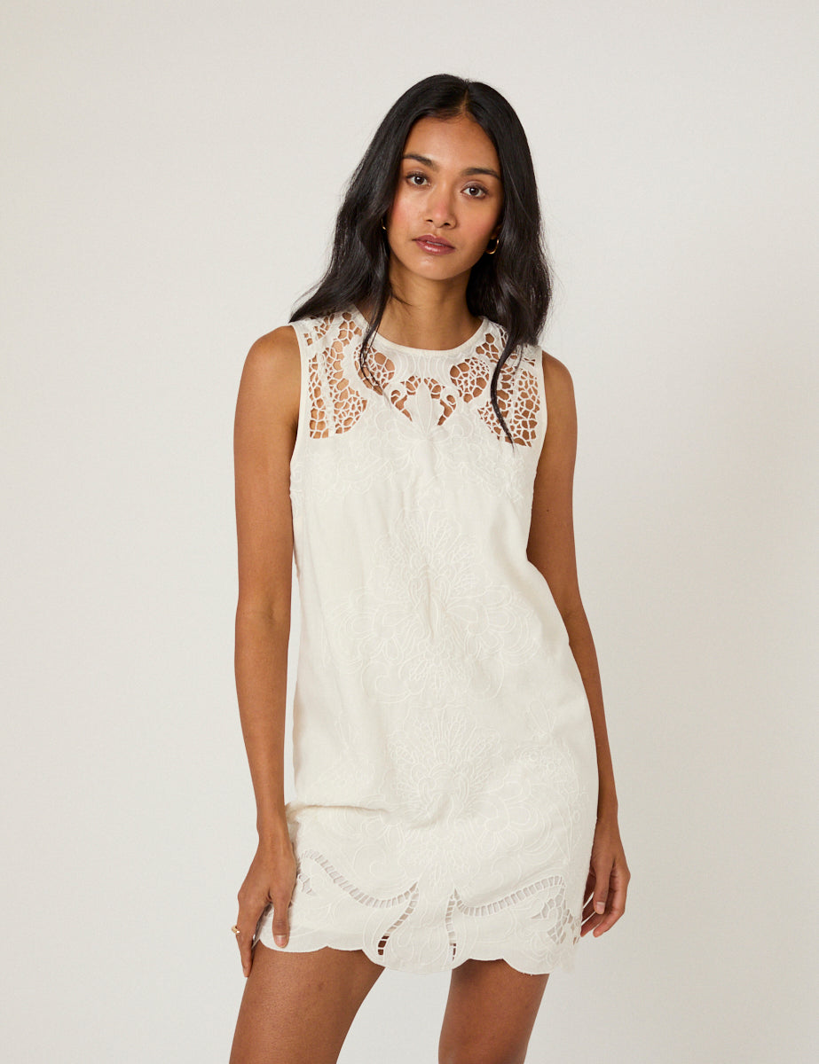 White Floral Embroidered Sonia Mini Dress