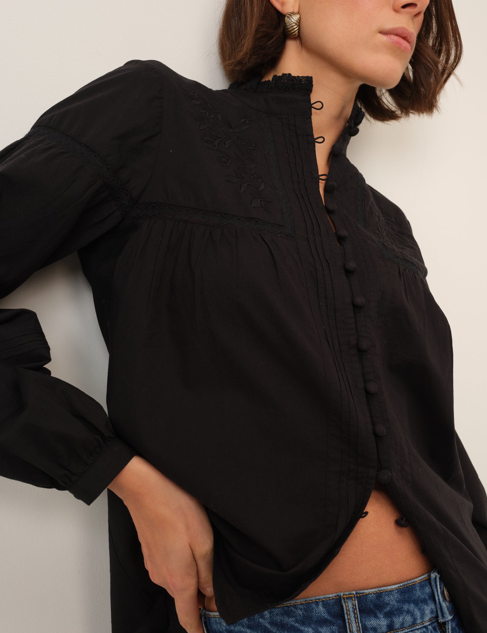 Black Floral Embroidered High Neck Blouse