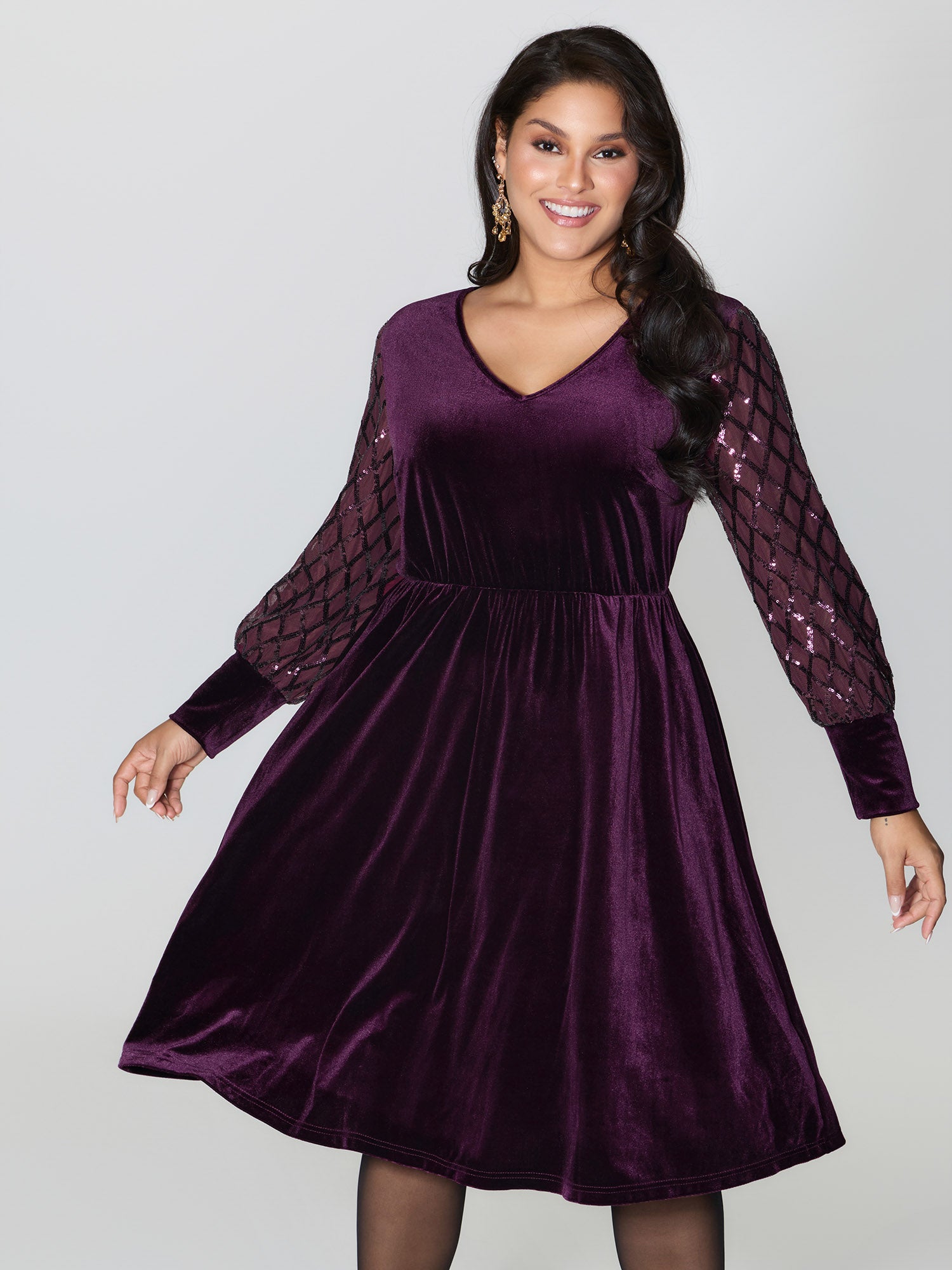 Velvet Sequin Sheer Sleeve Midi Dress