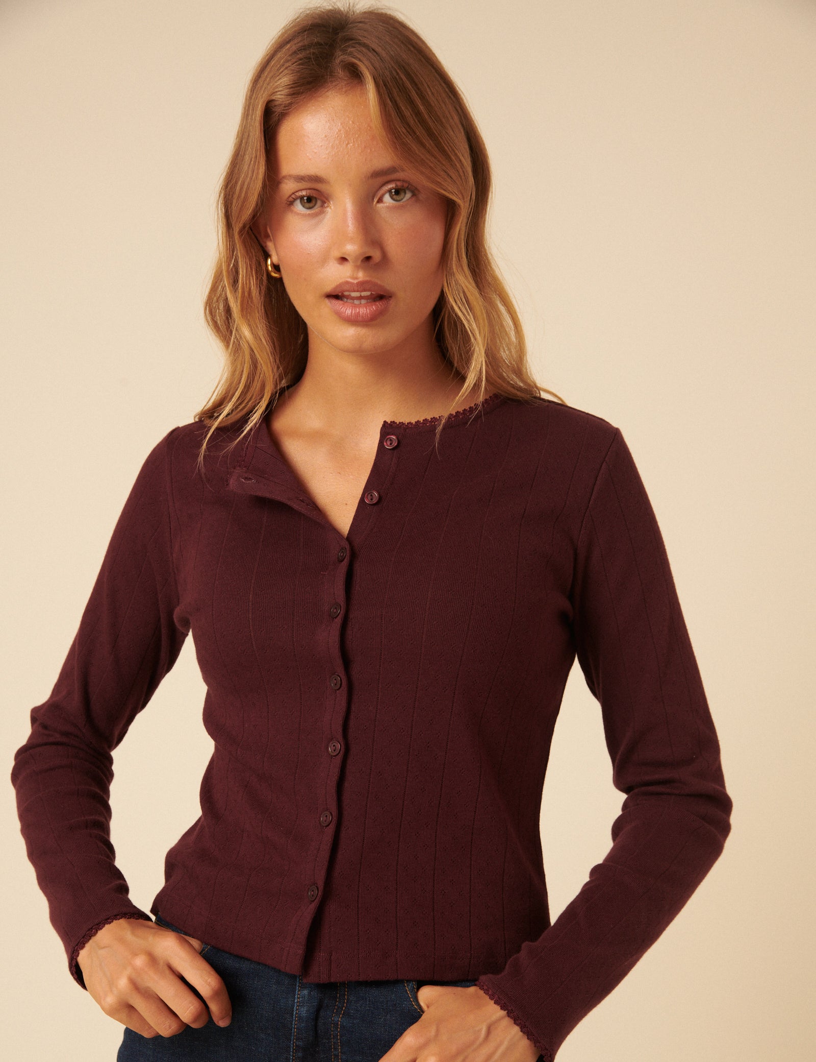 Burgundy Pointelle Cardigan