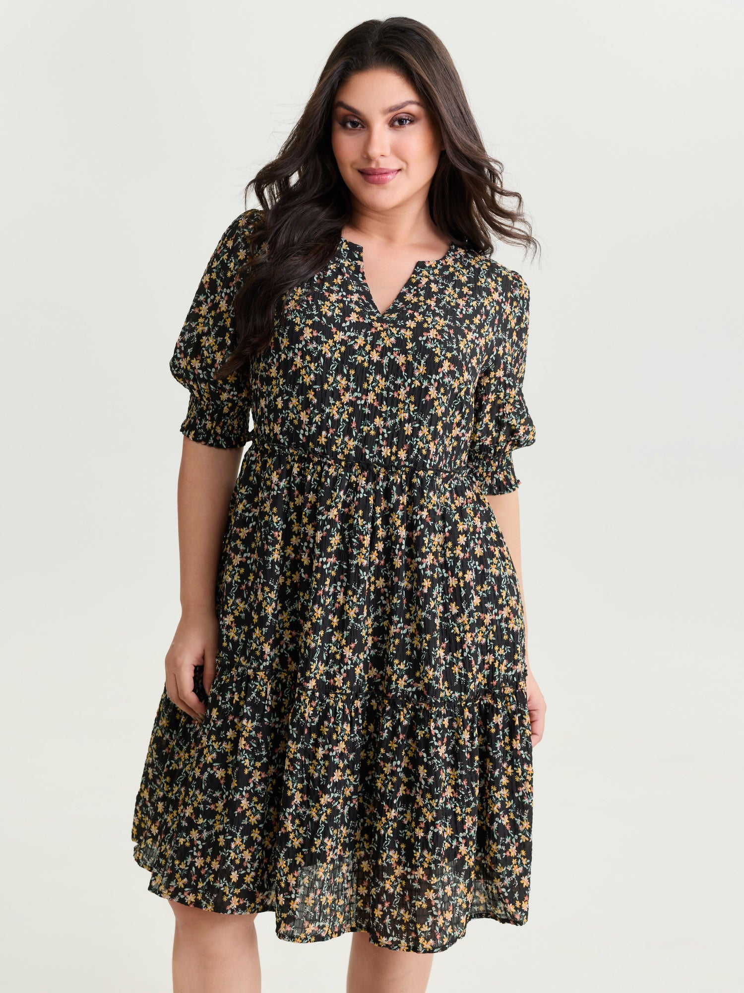 Micro Floral Print Shirred Cuff Mini Dress