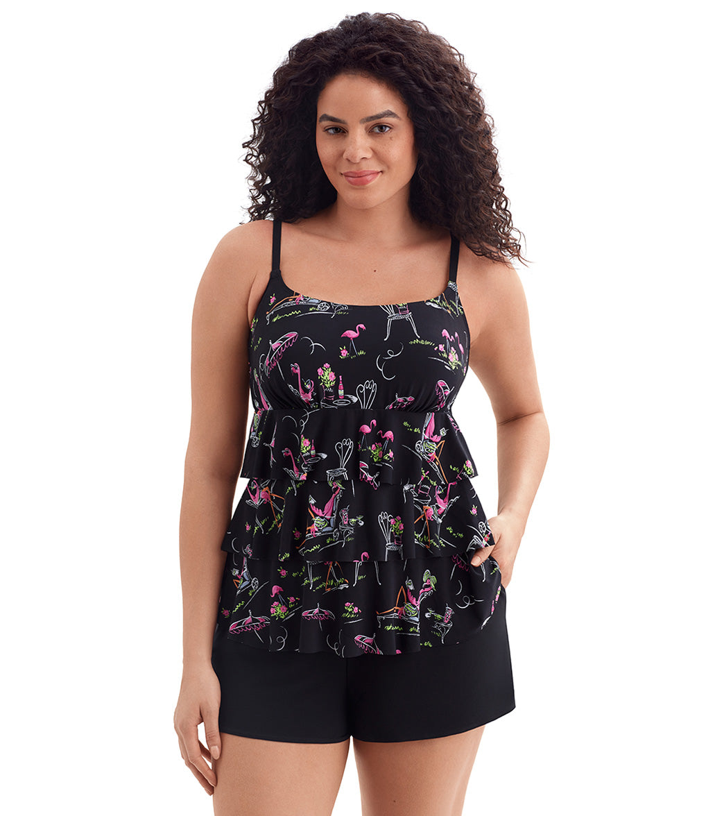 Longitude Women's Flamingo Hotel Faux Ruffle Shortini Long Torso One Piece Swimsuit