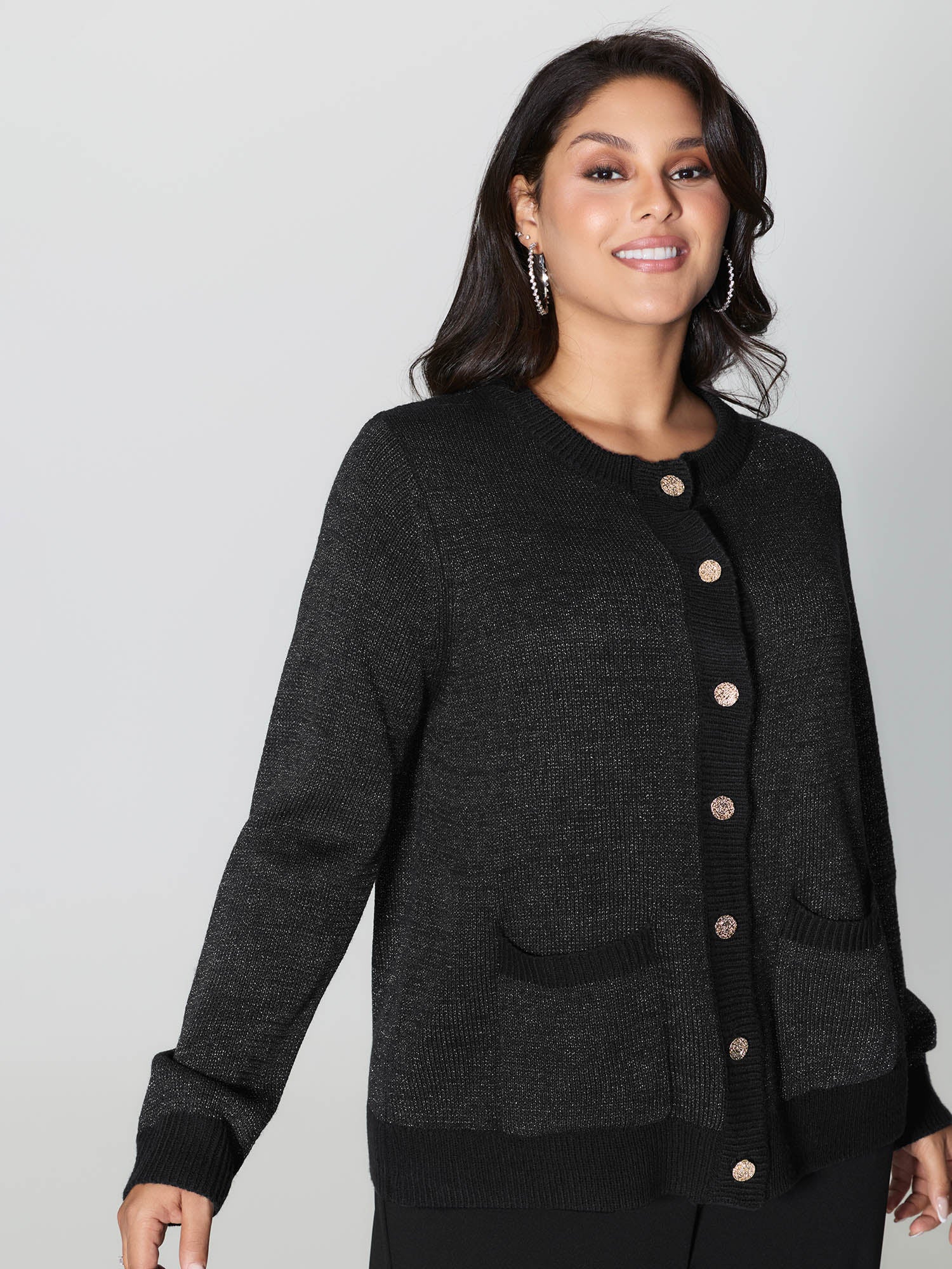 Patch Pockets Textured Button Knit Cardigan