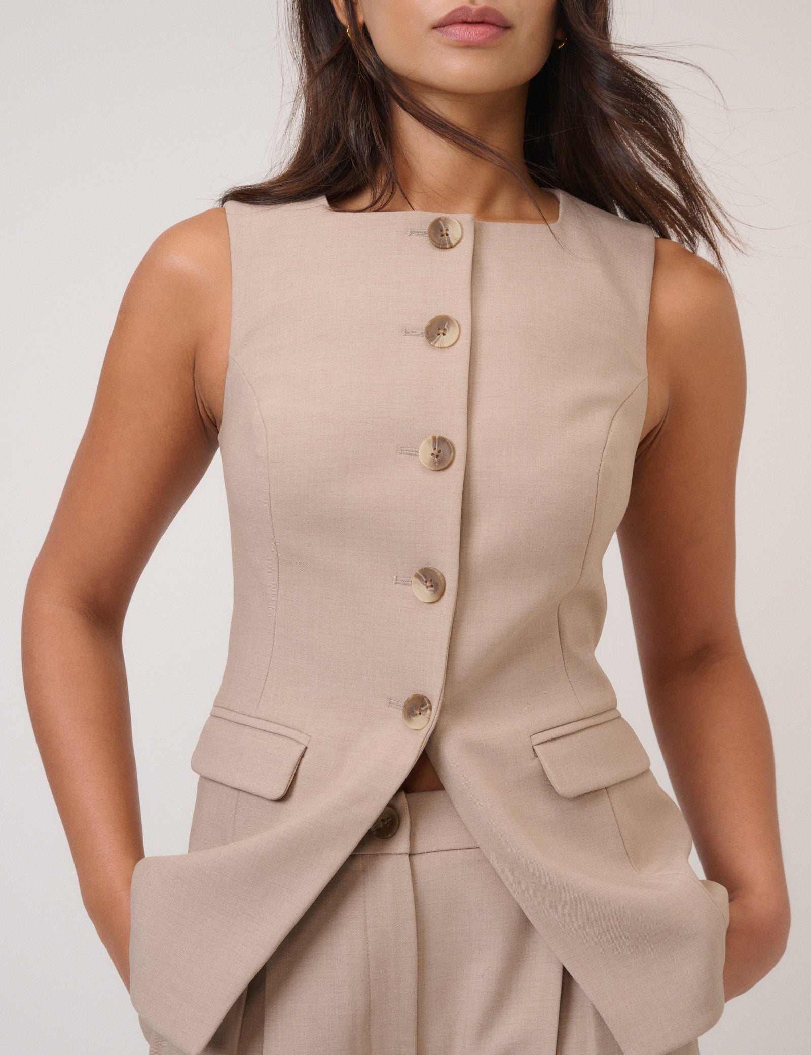 Beige Square Neck Longline Waistcoat
