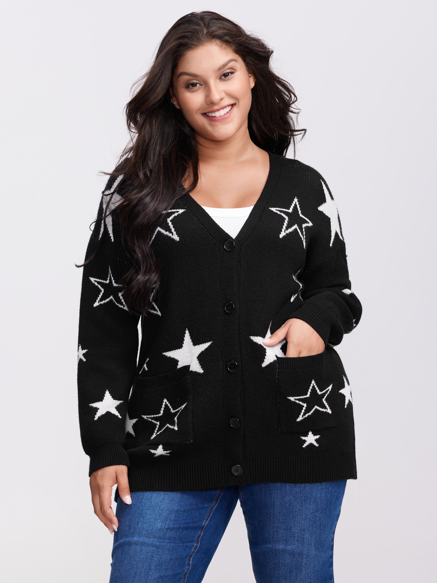Supersoft Star Jacquard Pockets Button Knit Cardigan