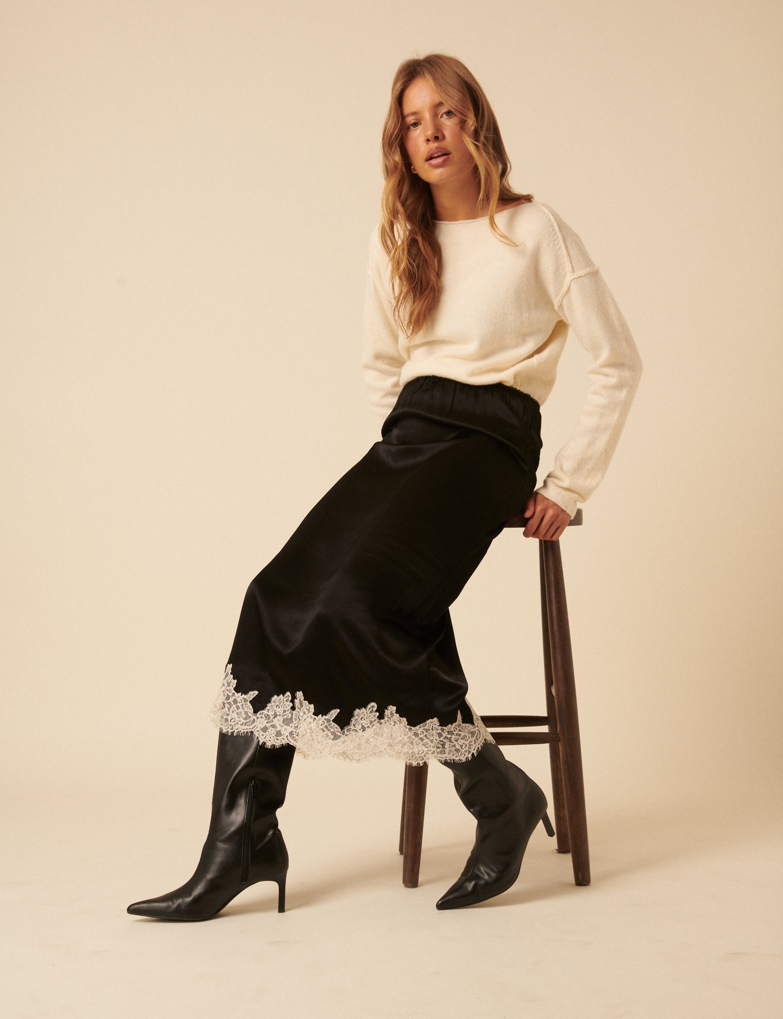 Black Lace Trim Satin Midi Skirt